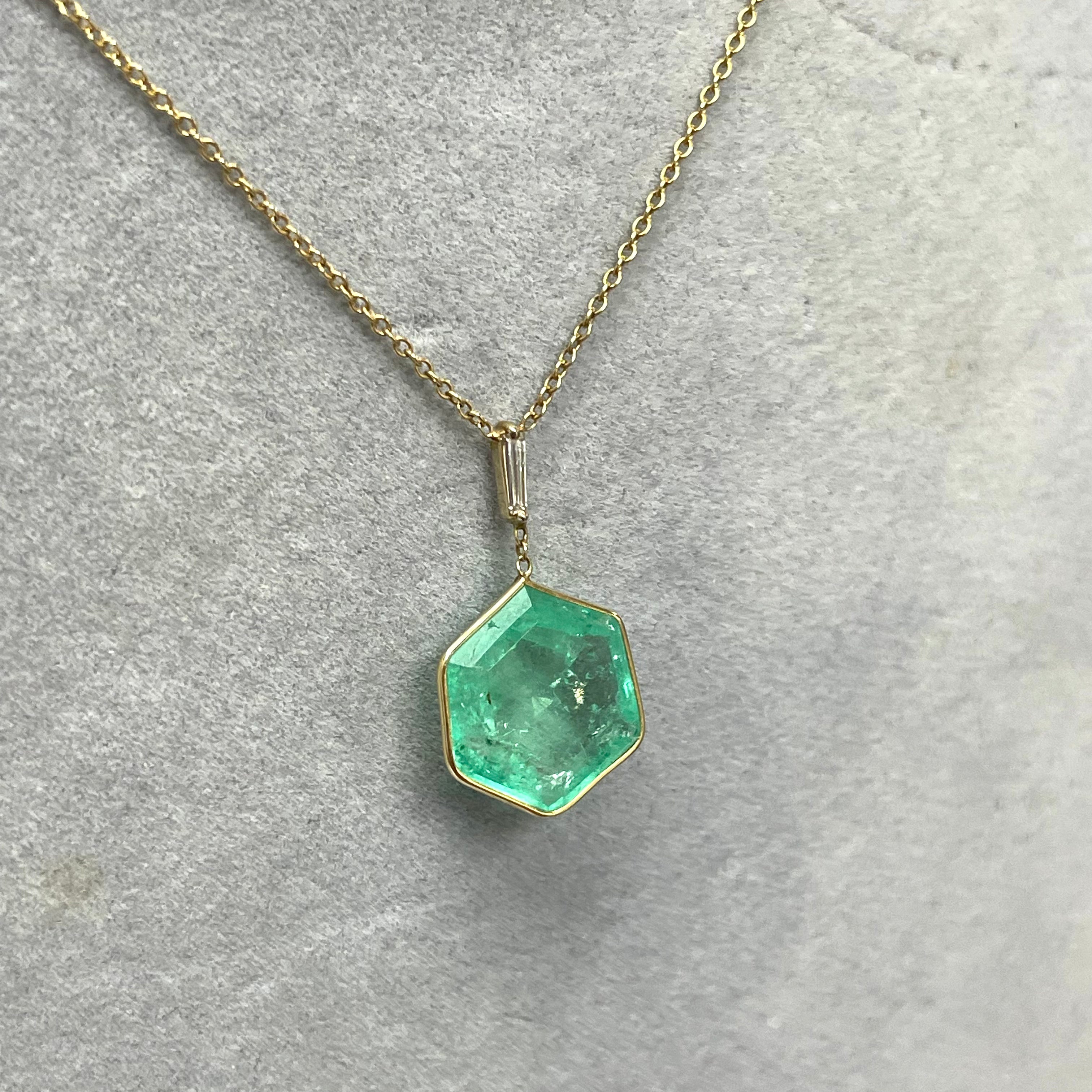 Hexagon Emerald and Tapered Diamond 16" 14k Yellow Gold Necklace