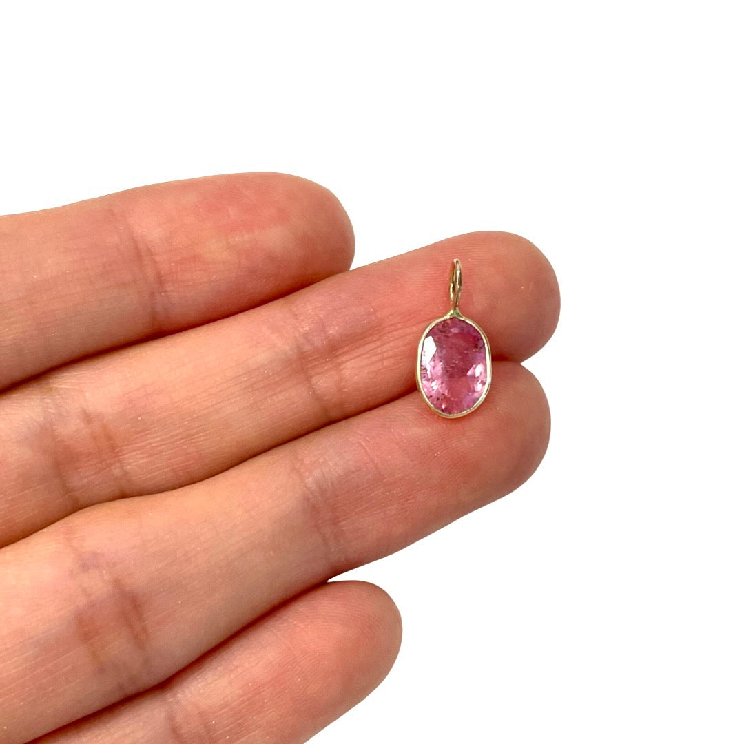 Natural Pink Oval Tourmaline 14K Yellow Gold Pendant Charm 15x7mm