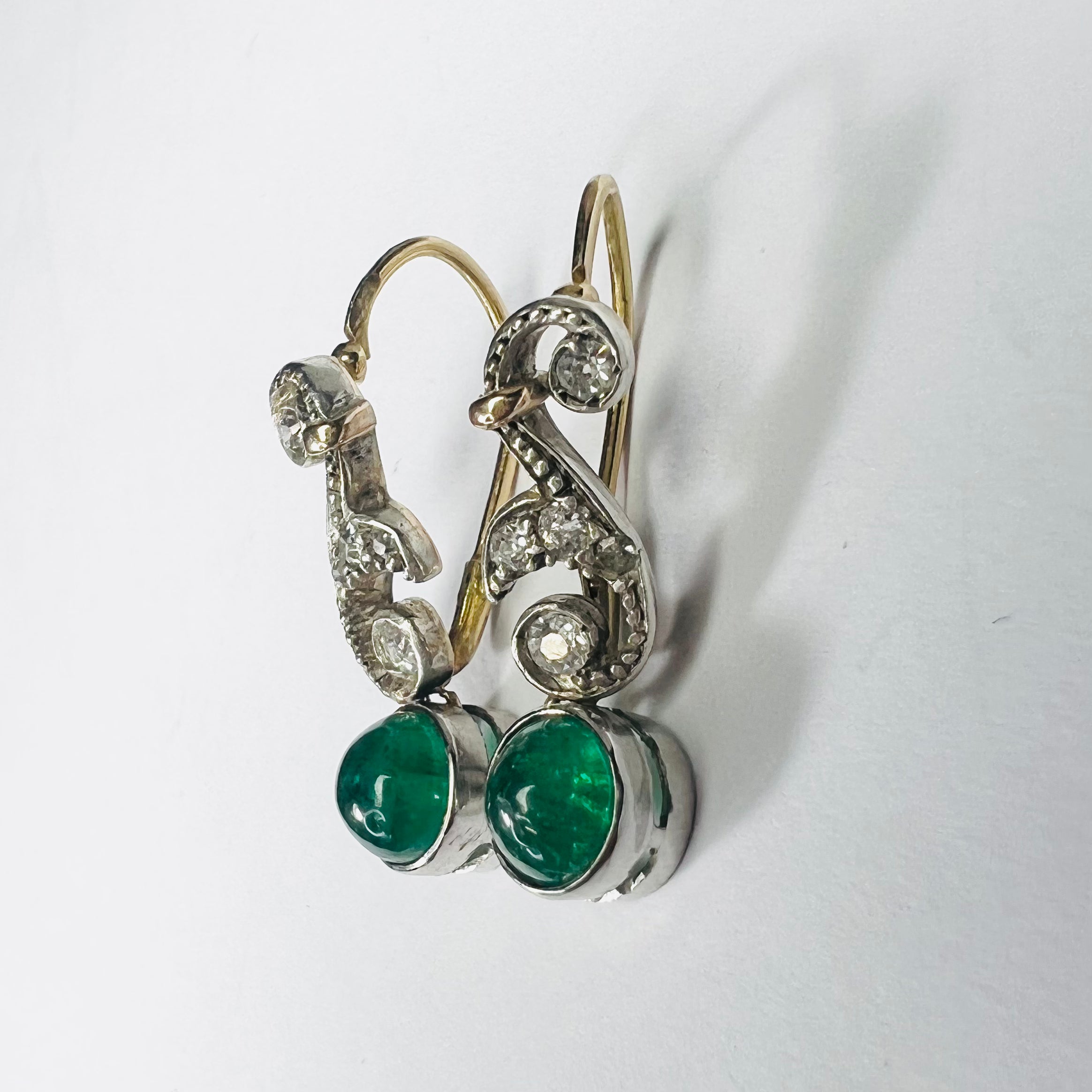 Antique 14K White Gold Diamond & Emerald Dangle Drop Earrings .98'