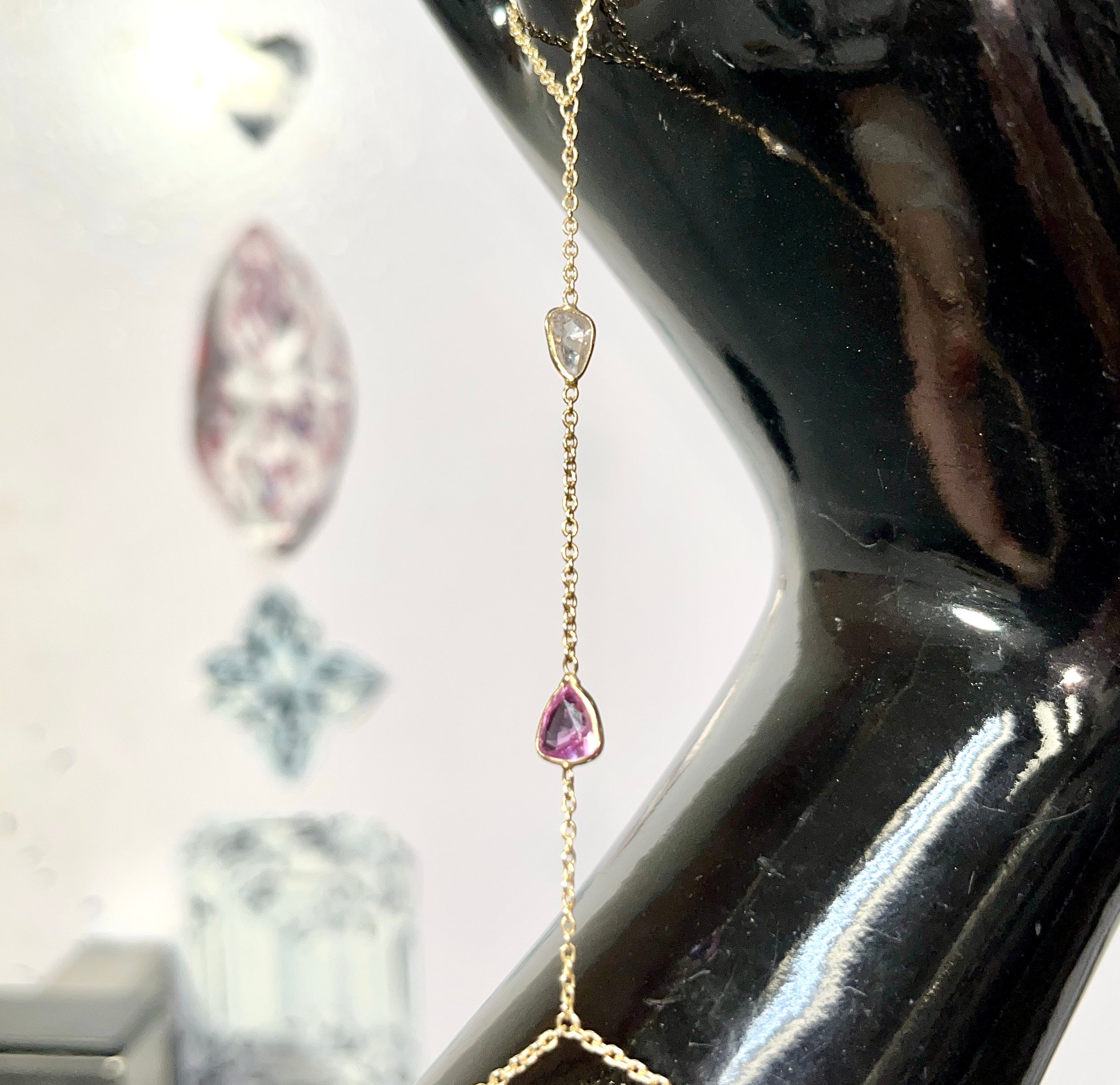 Pink Sapphire and Diamond Rose Cut Hand Chain Bracelet in solid 14k Yellow Gold