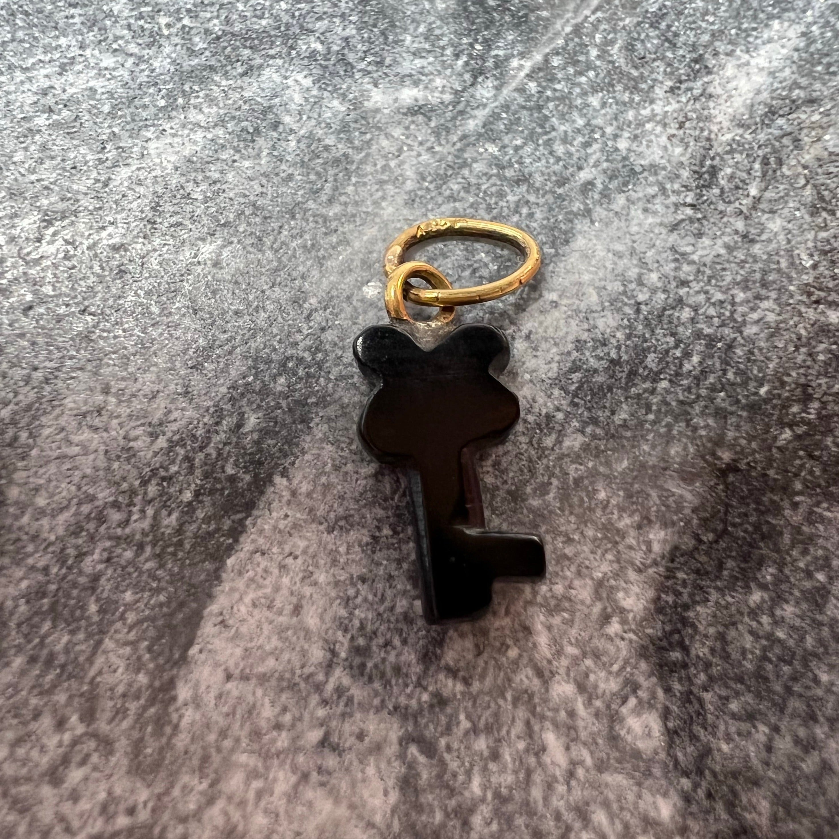 Solid 14K Yellow Gold and Black Onyx Key Pendant Charm