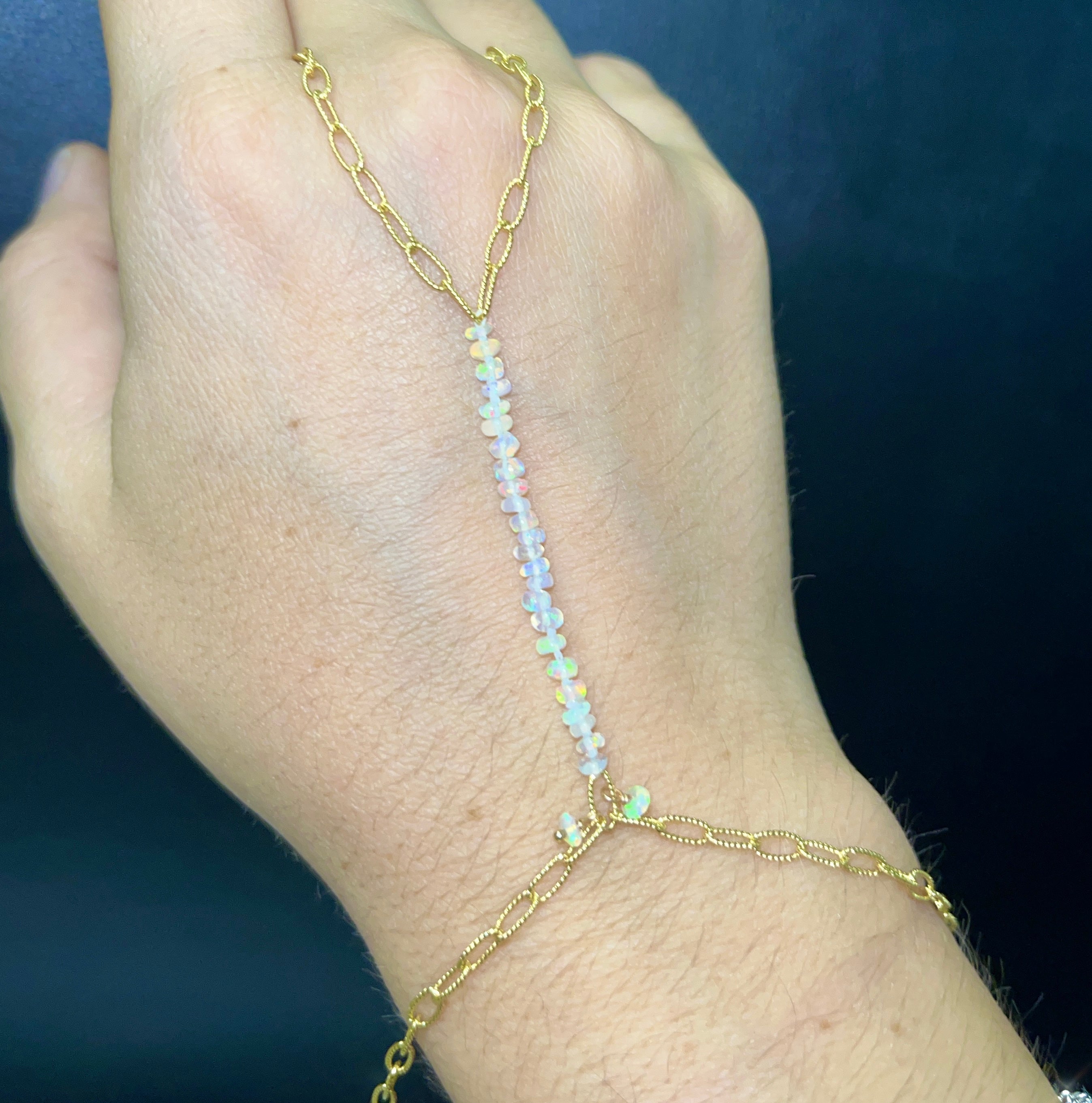 Beautiful Beaded Opal on a Textured 14K Yellow Gold Paperclip Hand Chain