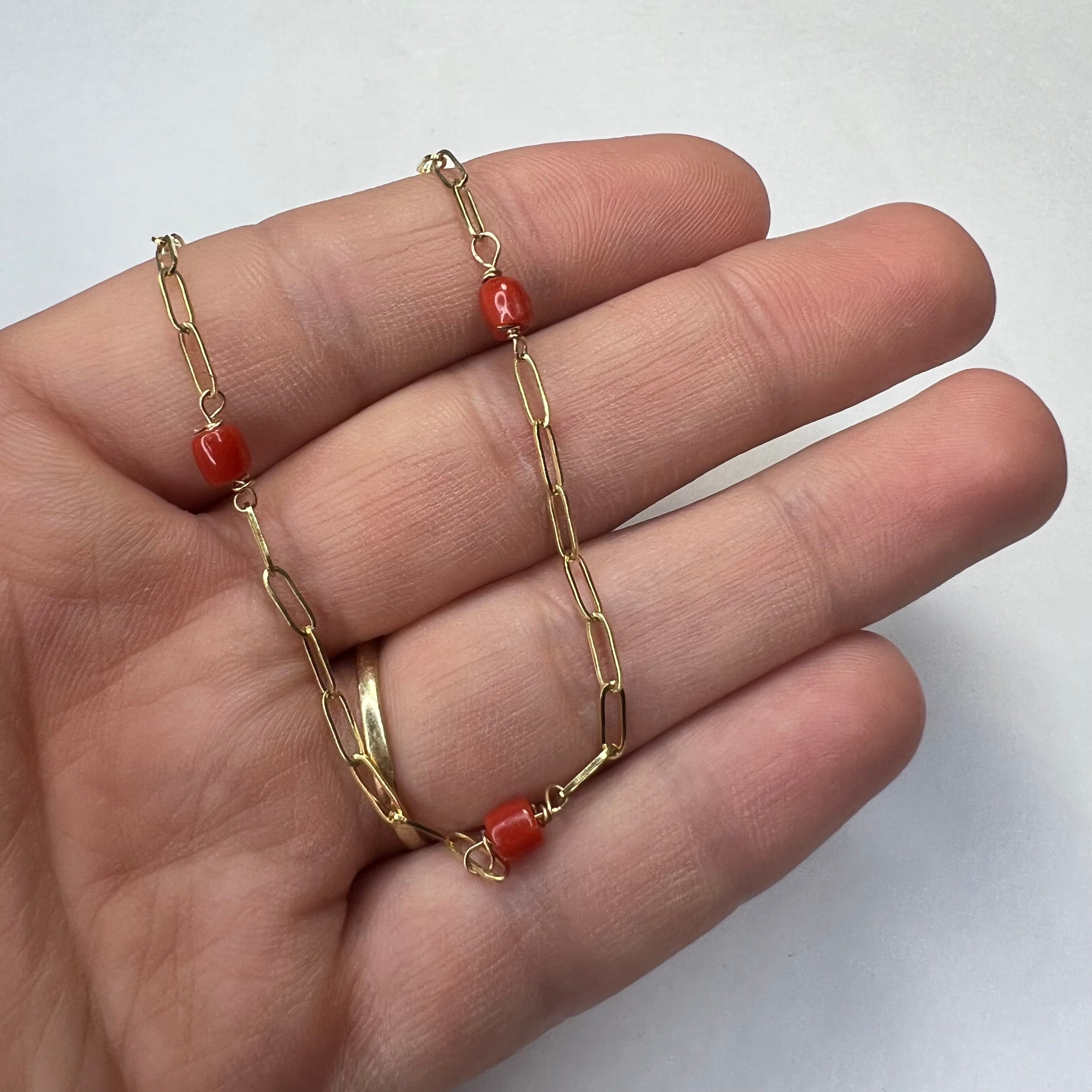 Solid 14K Yellow Gold Coral Beads Station Paperclip Anklet 10.5"