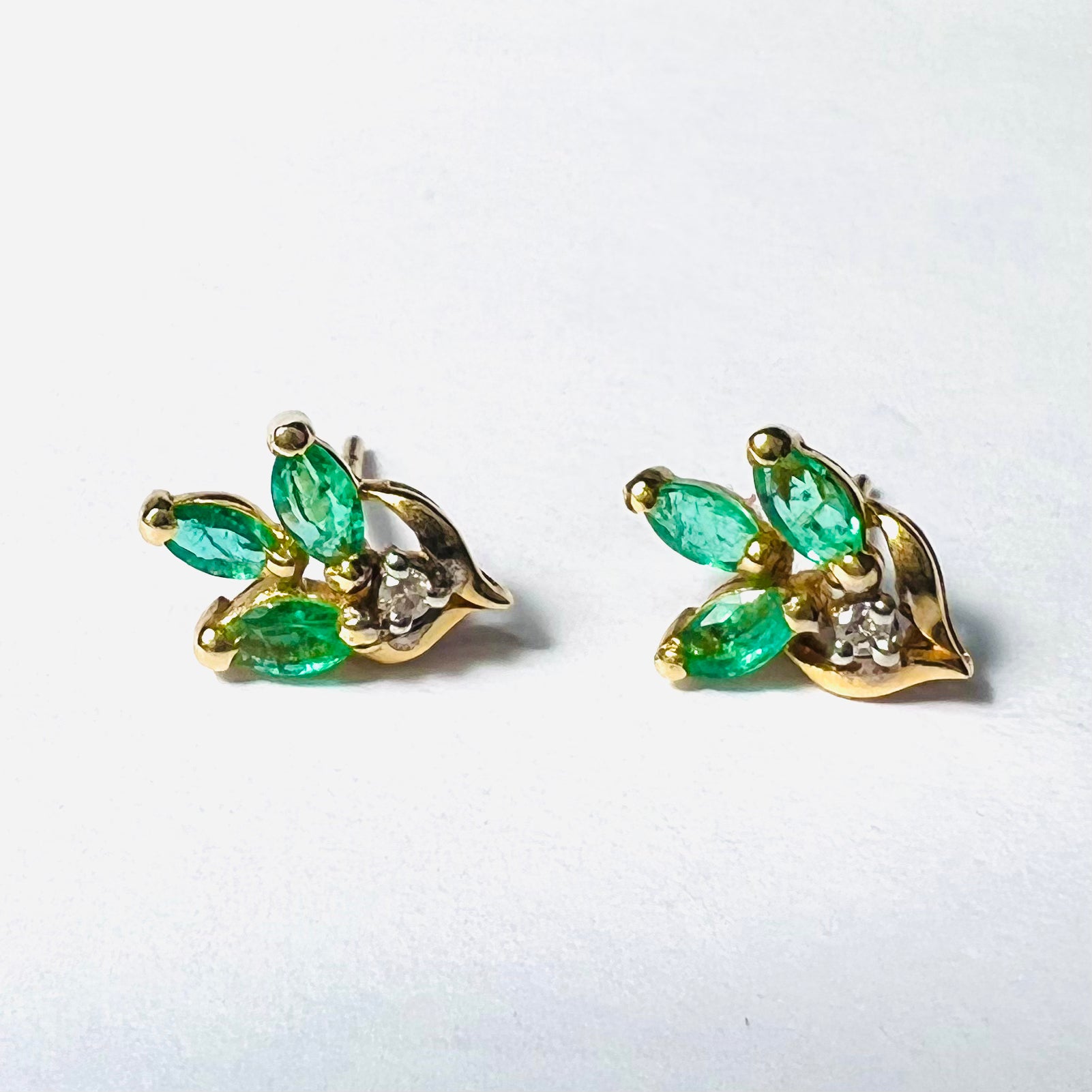 14K Yellow Gold Marquise Emerald & Diamond Floral Earring Pushback Studs 11x7mm