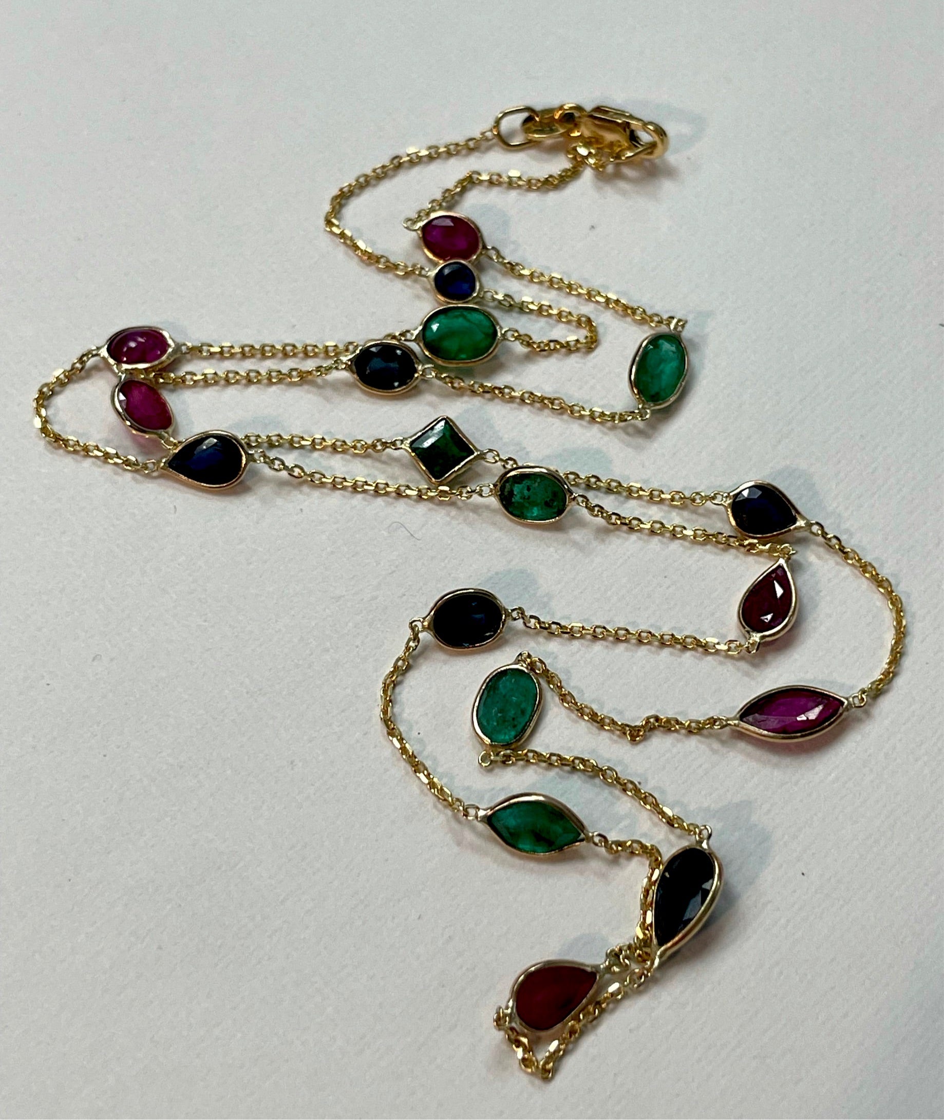 7.2CTW Emerald Ruby Sapphire 20" 14K Yellow Gold Station Necklace
