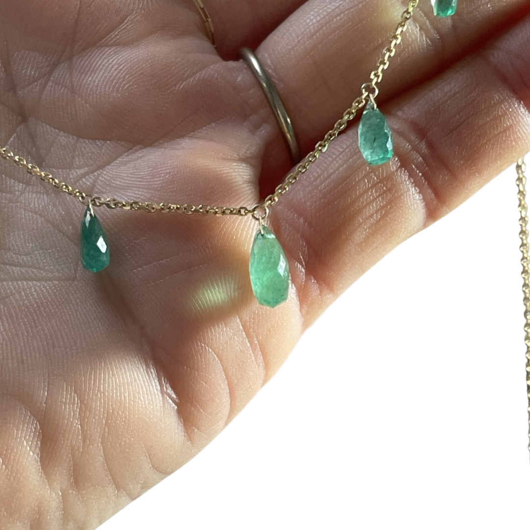 Seven Colombian Emeralds Briolette 16” 14K Yellow Gold Necklace