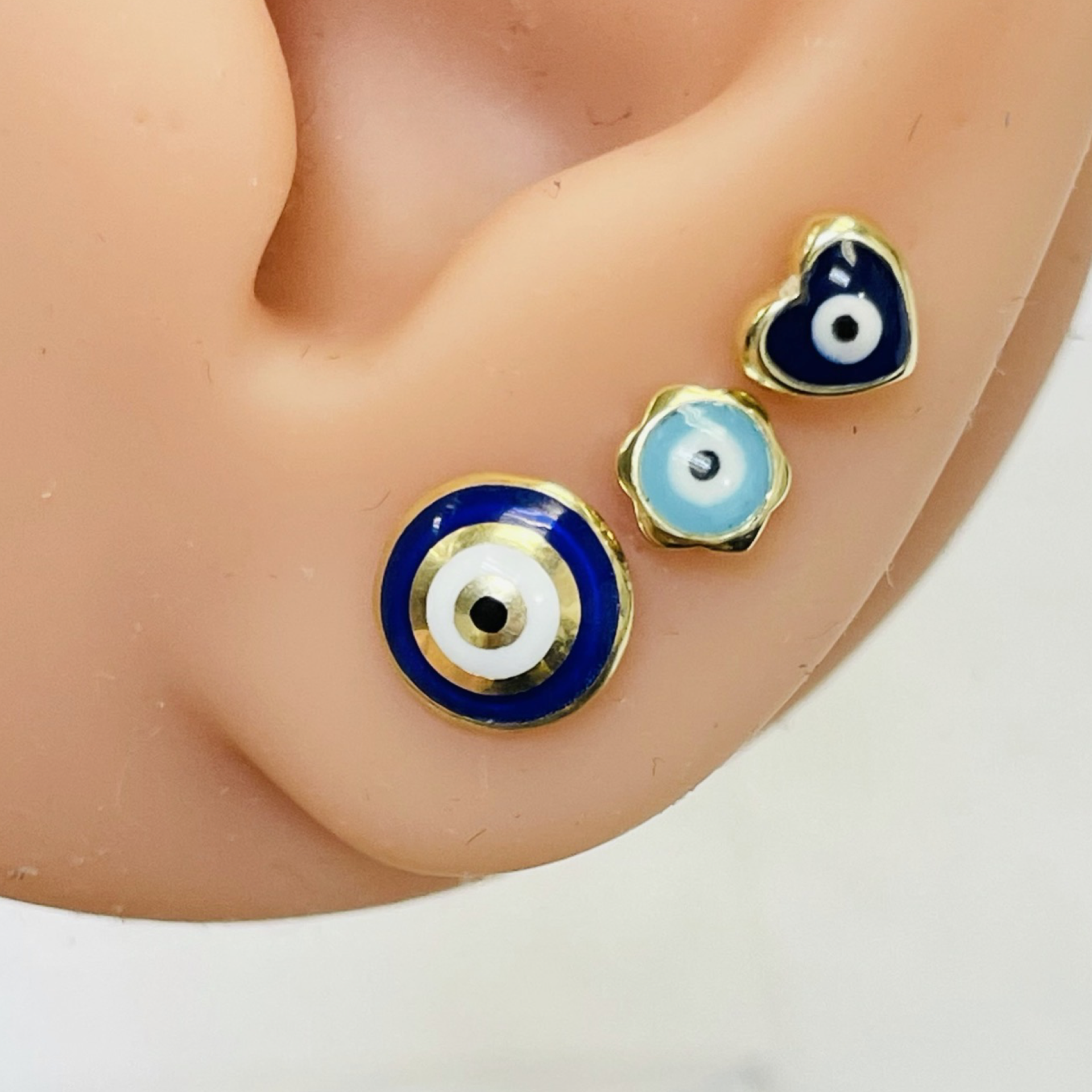 10K Yellow Gold 5mm Teal Blue Evil Eye Stud Earrings