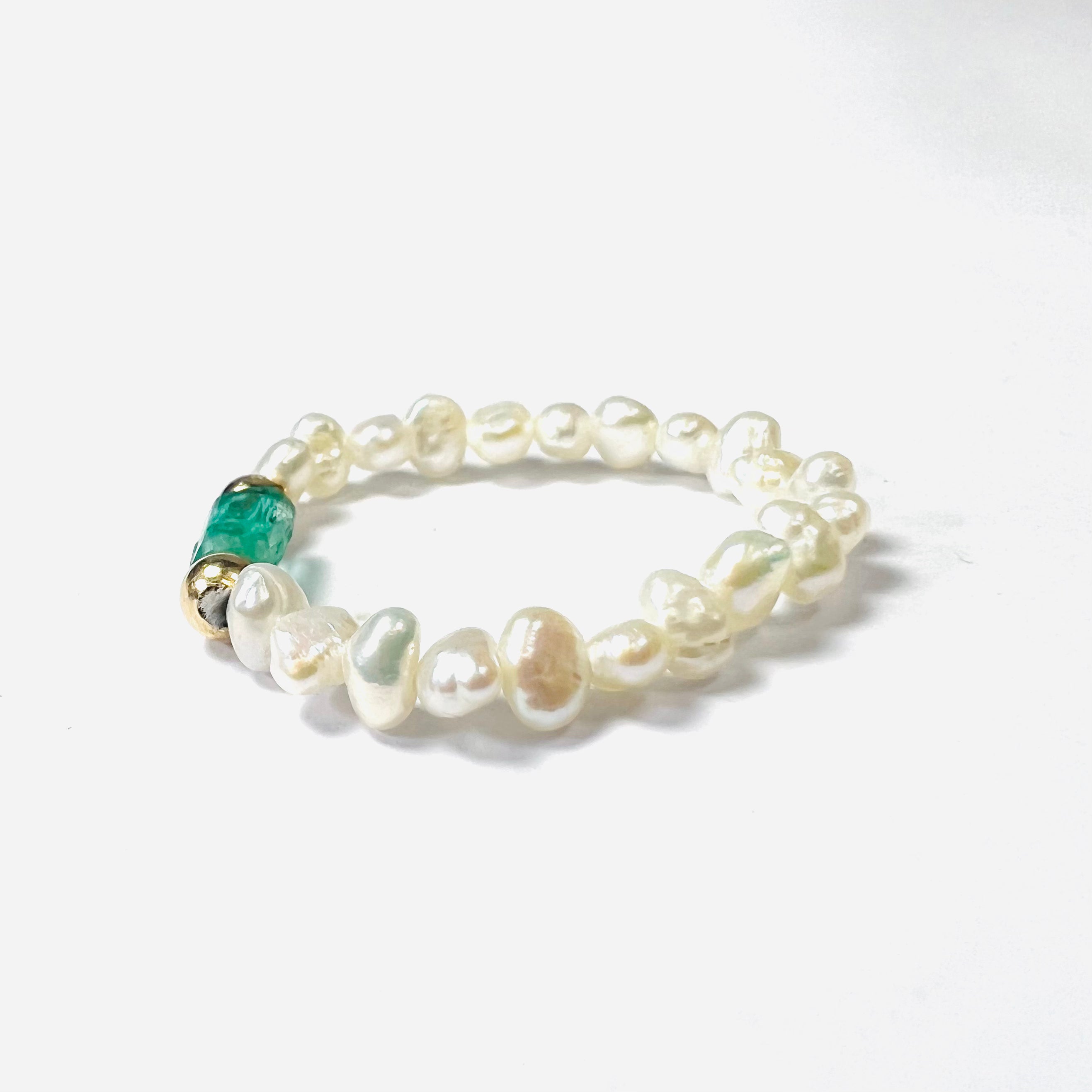 Natural Seed Pearl Eternity Rough Emerald & Gold Bead Ring Size 7.5