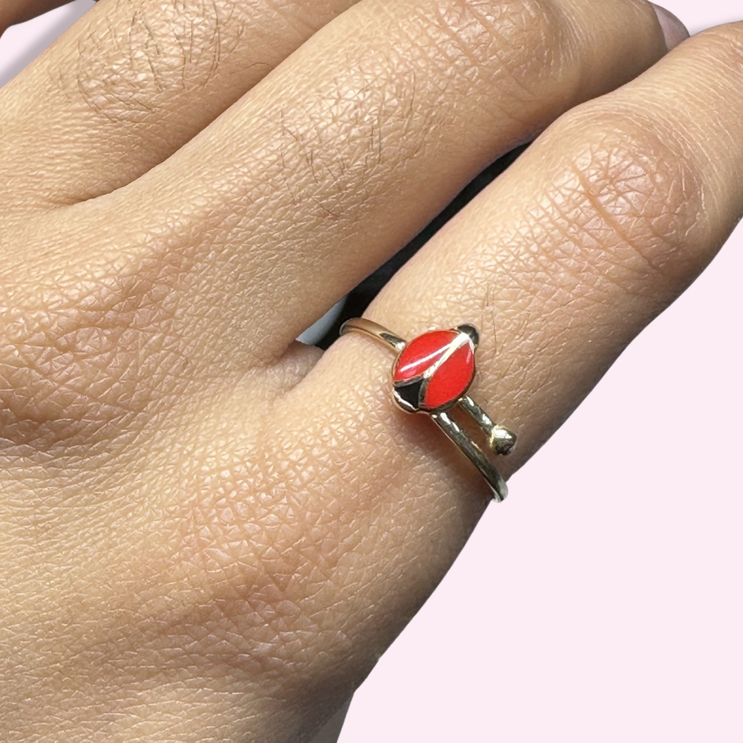 14K Yellow Gold Enamel Red Bug Adjustable Ring