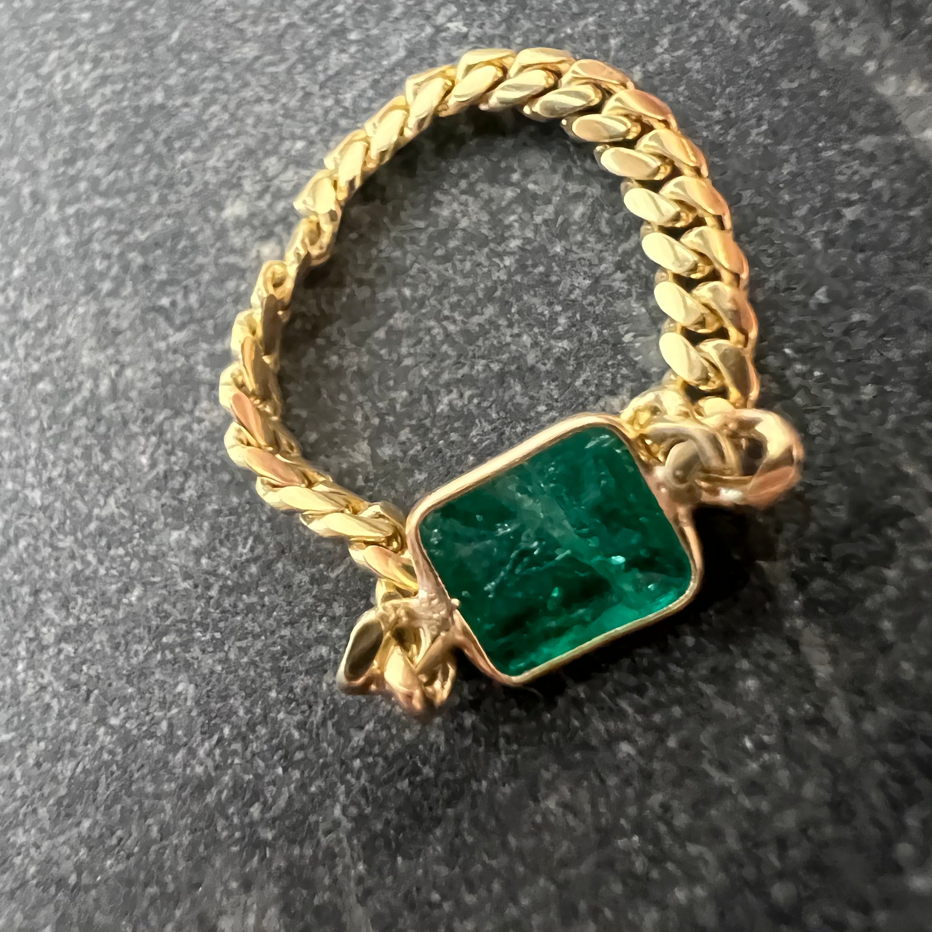 Solid 14K Yellow Gold Natural Emerald Cuban Chain Ring Size 7