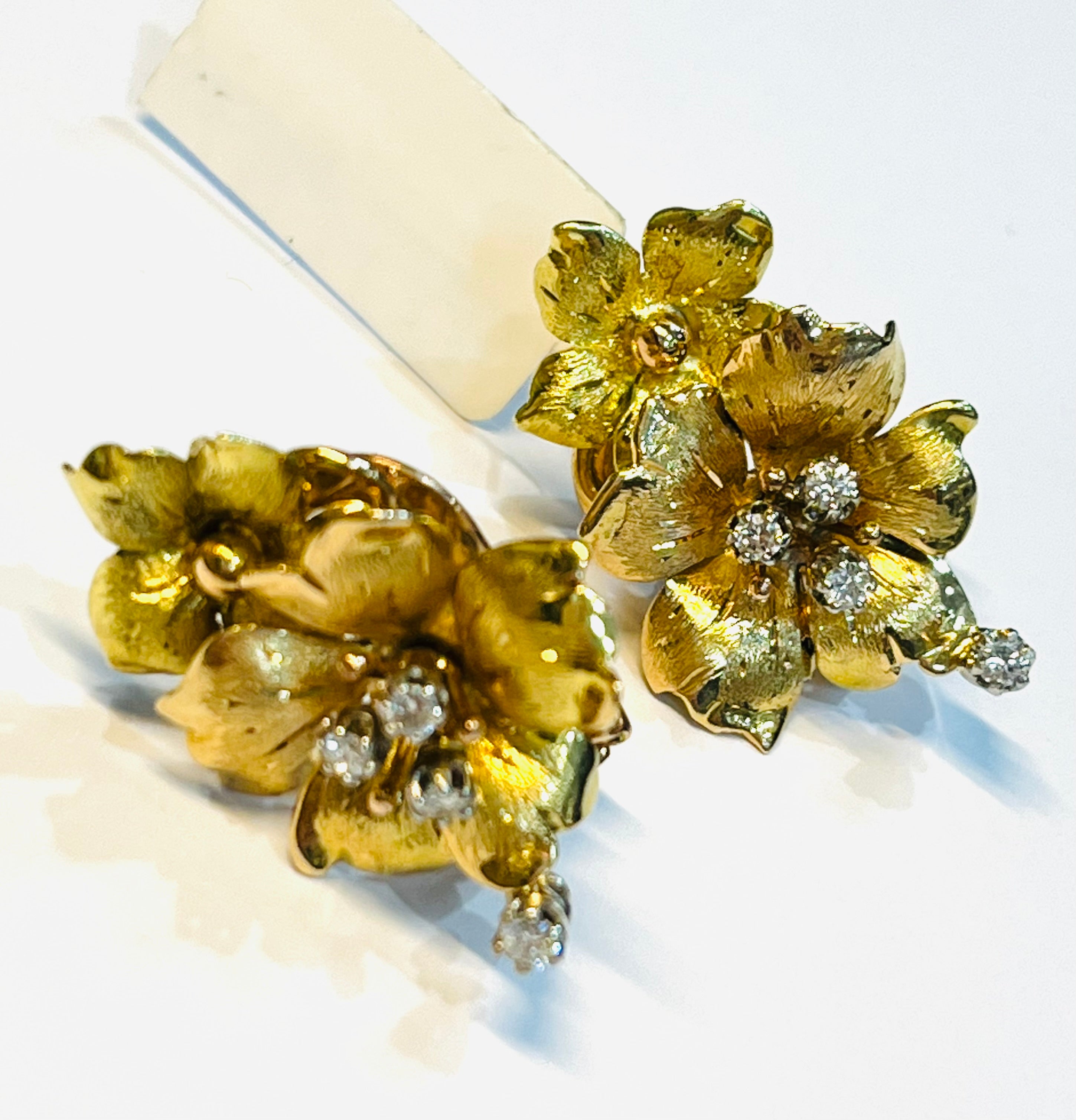 Gorgeous Antique Yellow and Rose Gold Flower Diamond Omega Back Earrings