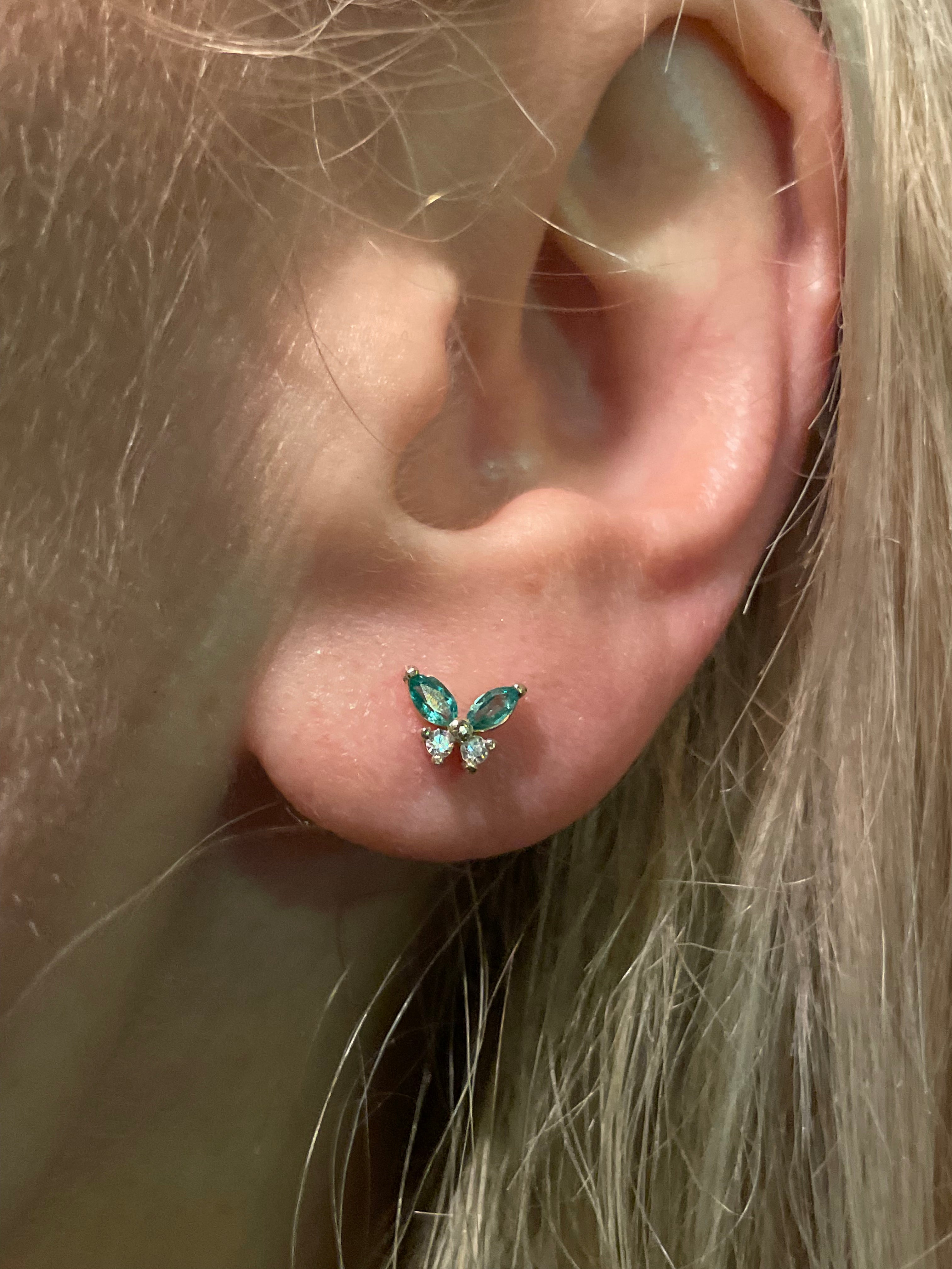 Natural Emerald and Diamond Solid 14K Yellow Gold Butterfly Stud Earrings