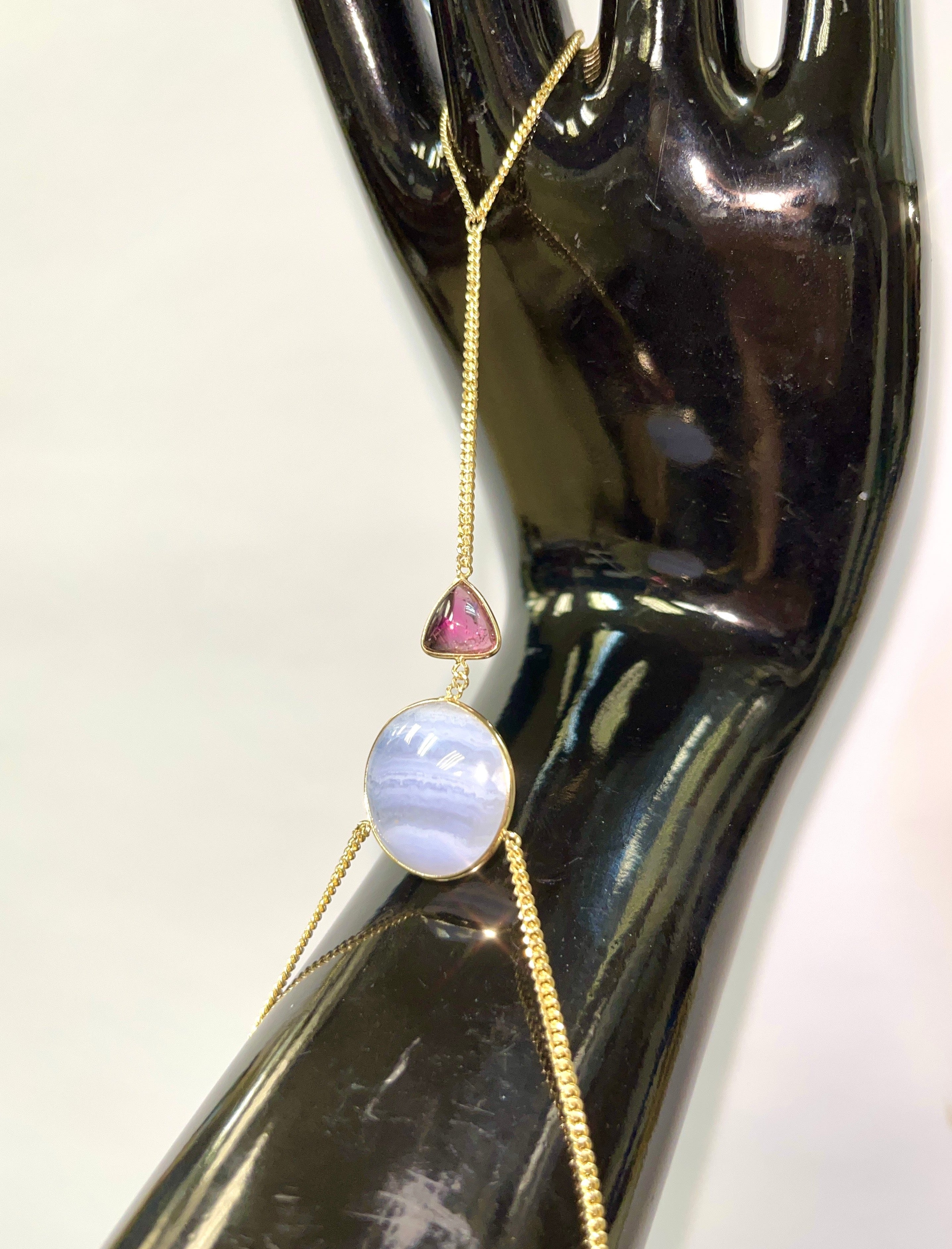 Blue Laced Agate and Pink Tourmaline 14K Yellow Gold Curb Link Hand Chain