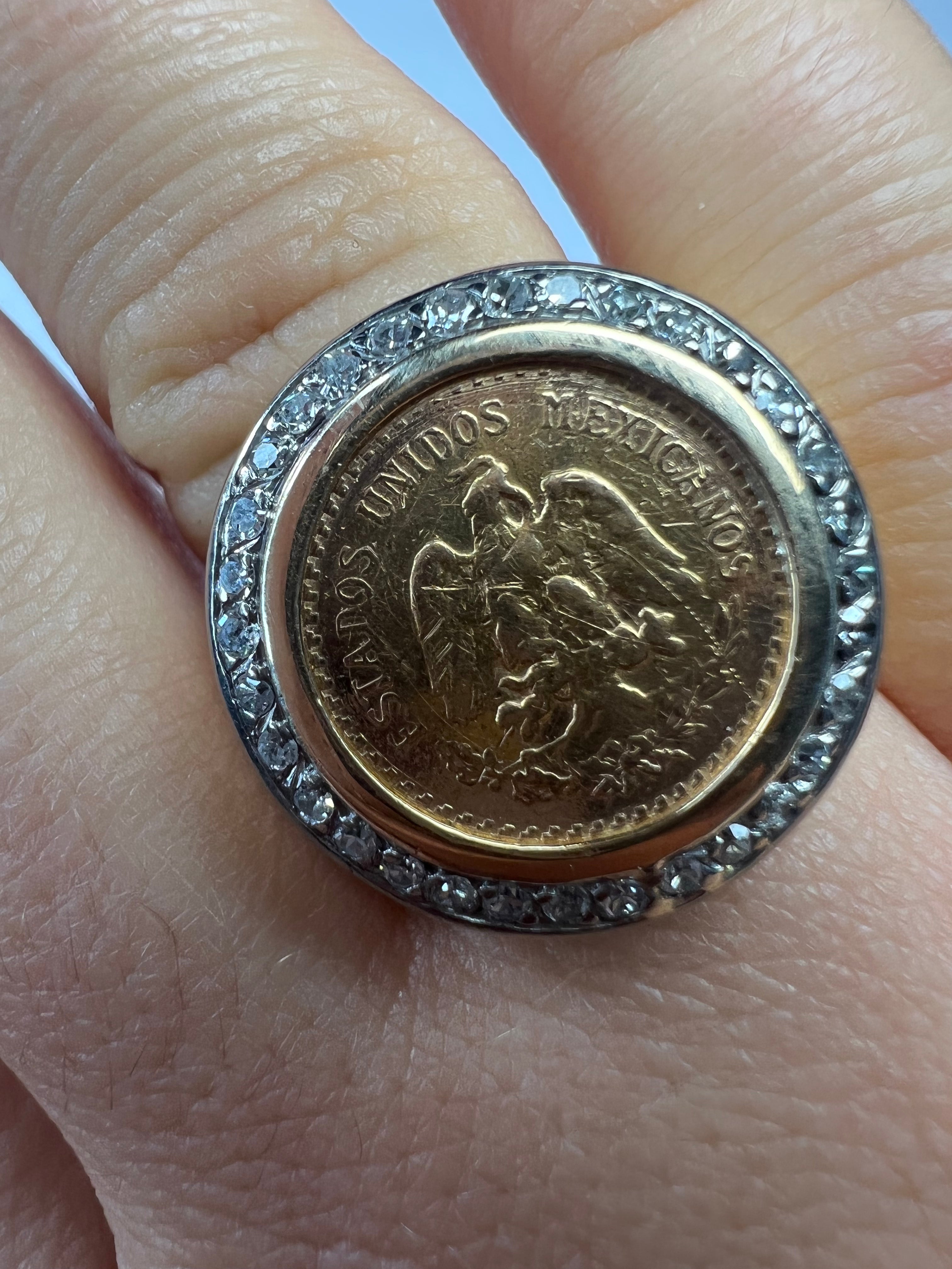 14K Yellow Gold Mexican Coin .32ctw Diamond Ring Band Size 8