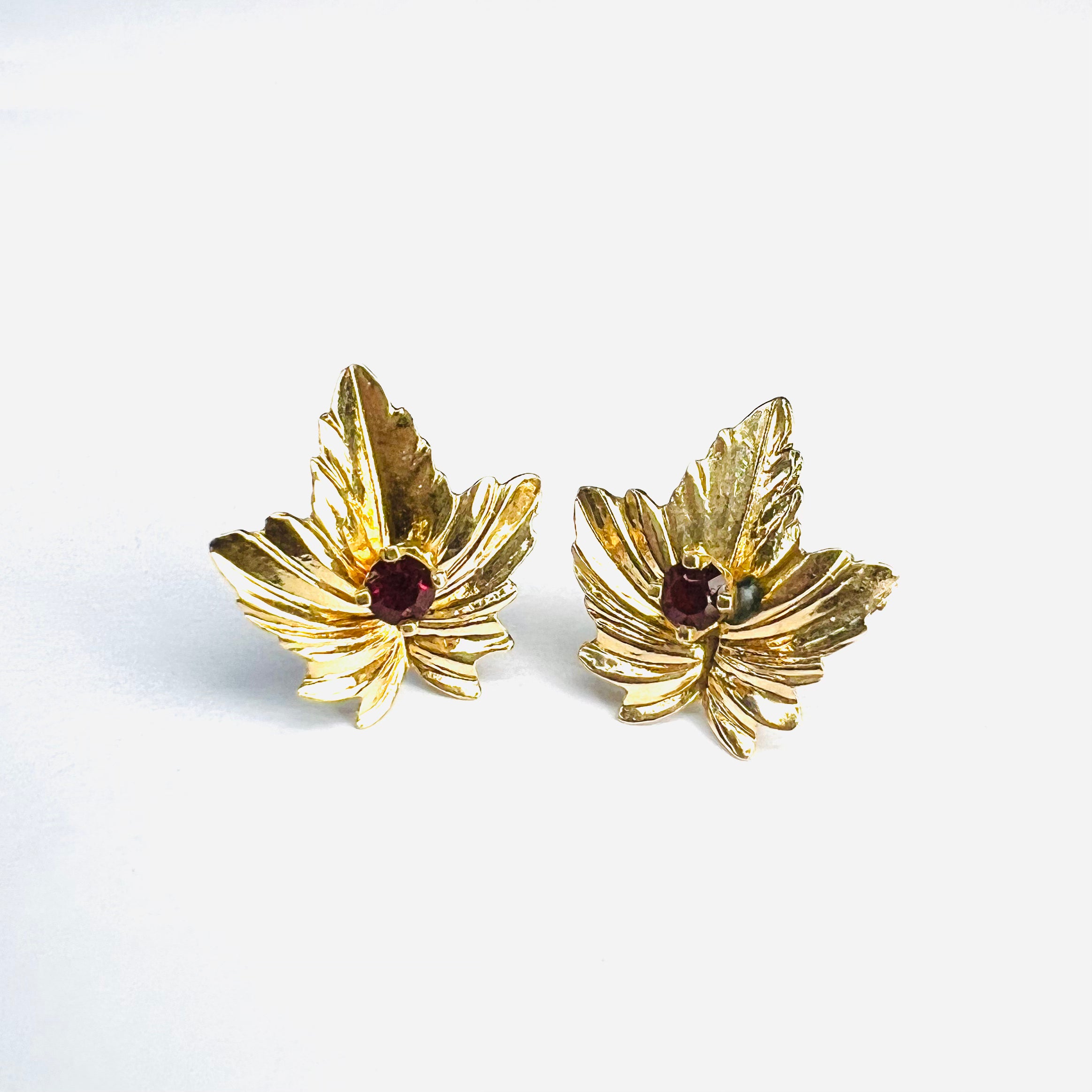 14K Yellow Gold Fall Leaf Red Cubic Zirconia Pushback Earring Studs 11x10mm