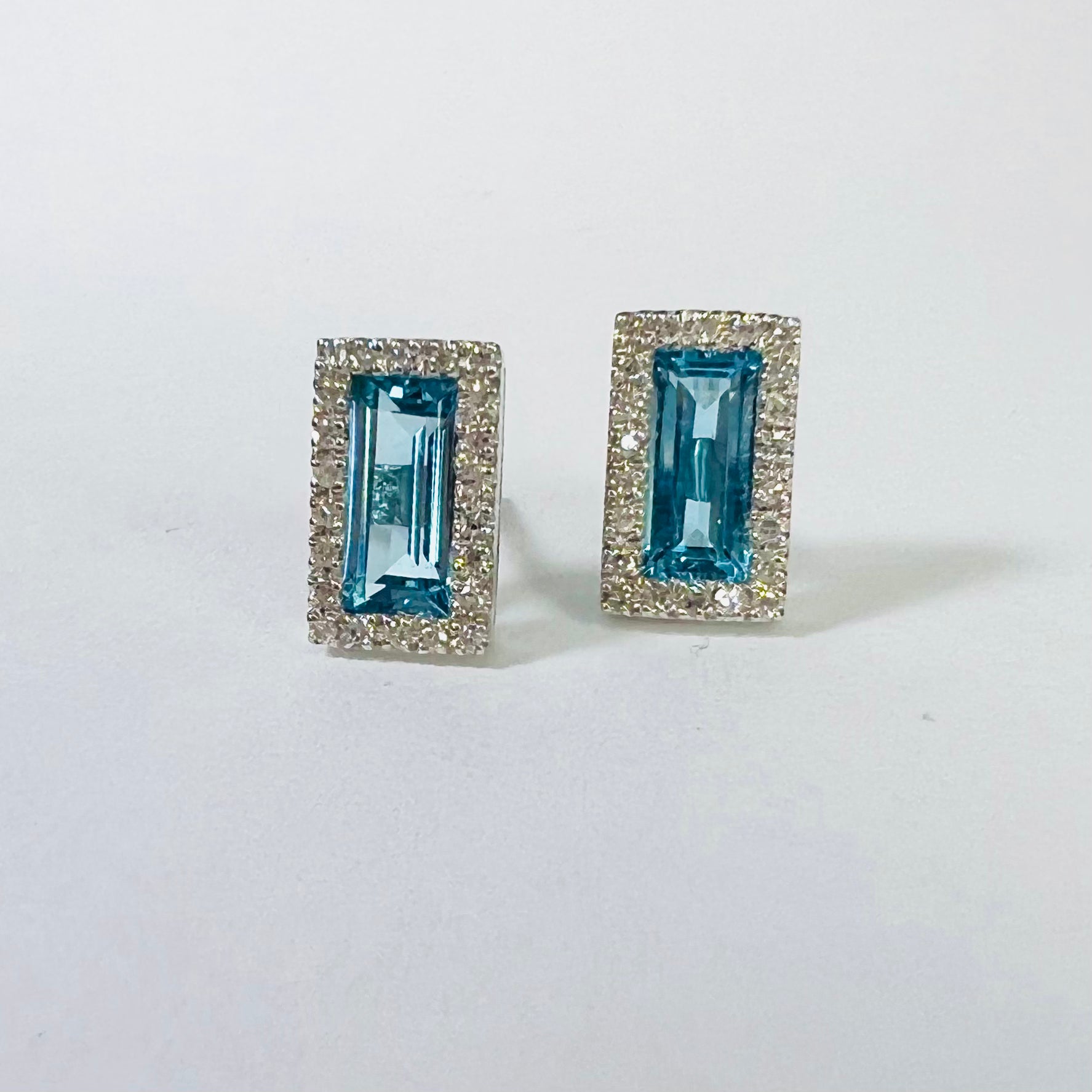 14K White Gold Diamond & Topaz Baguette Earring Studs 9x5mm