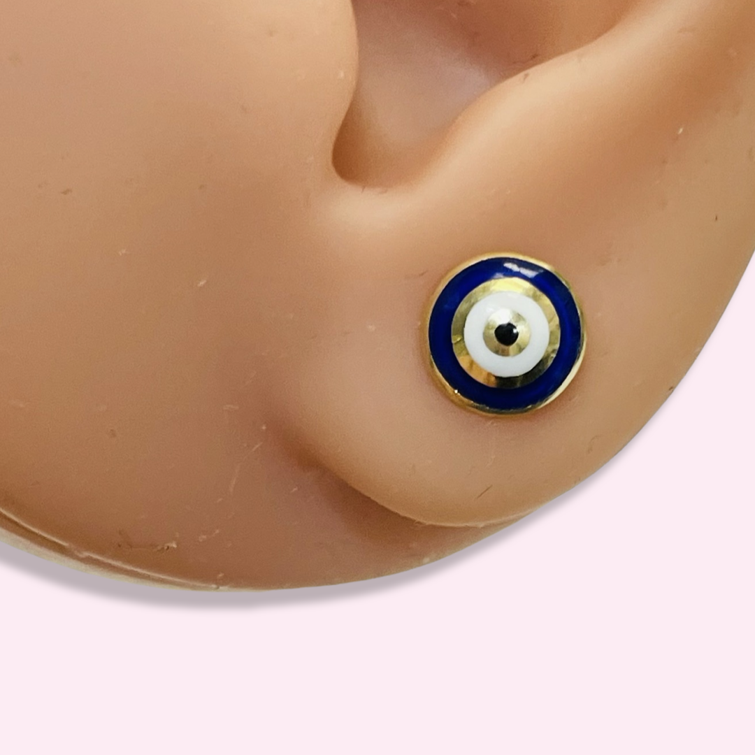 10K Yellow Gold 8mm Enamel Evil Eye Stud Earrings