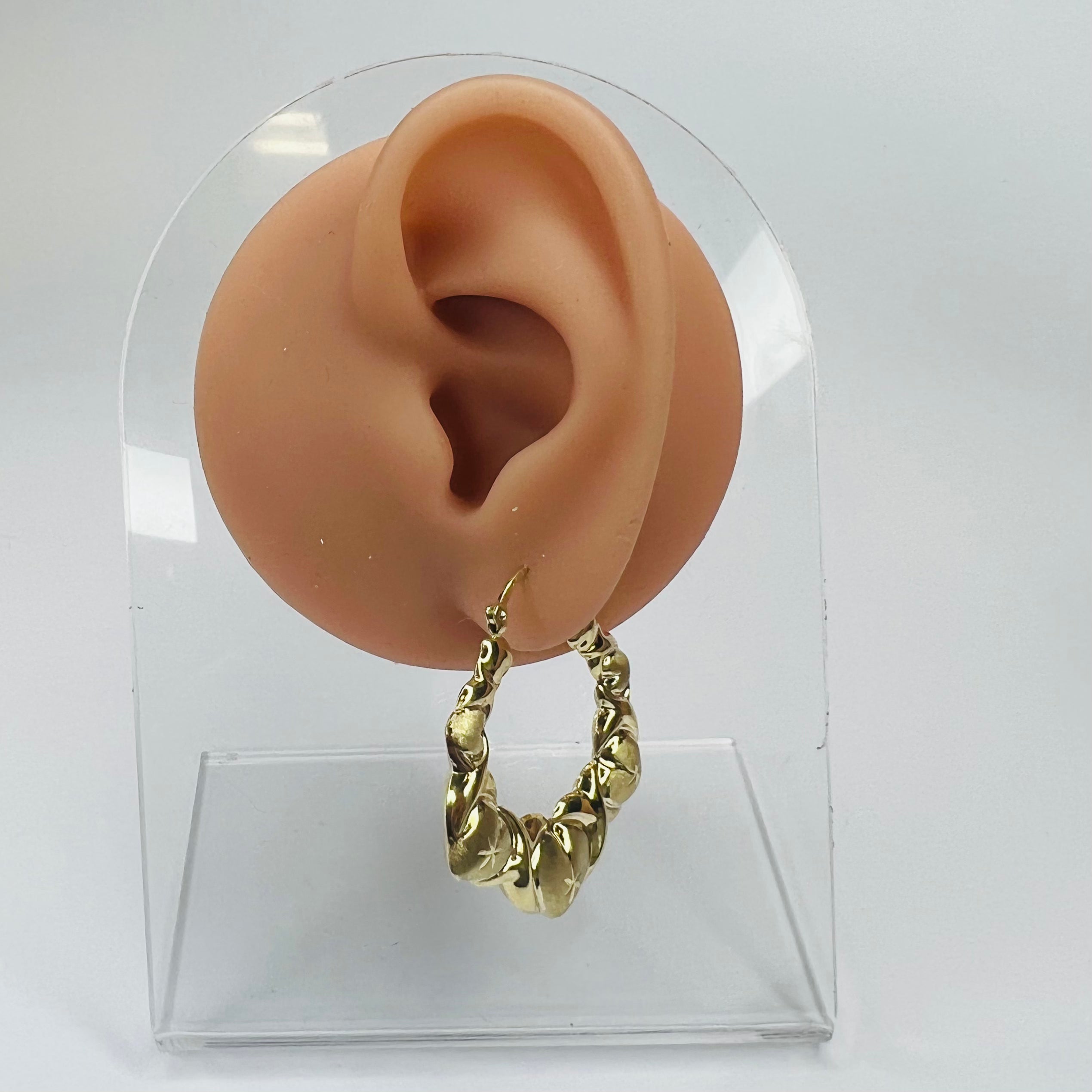 New 10K Solid Yellow Gold Heart Patterned Hoop Earrings 1.75"x1.5"