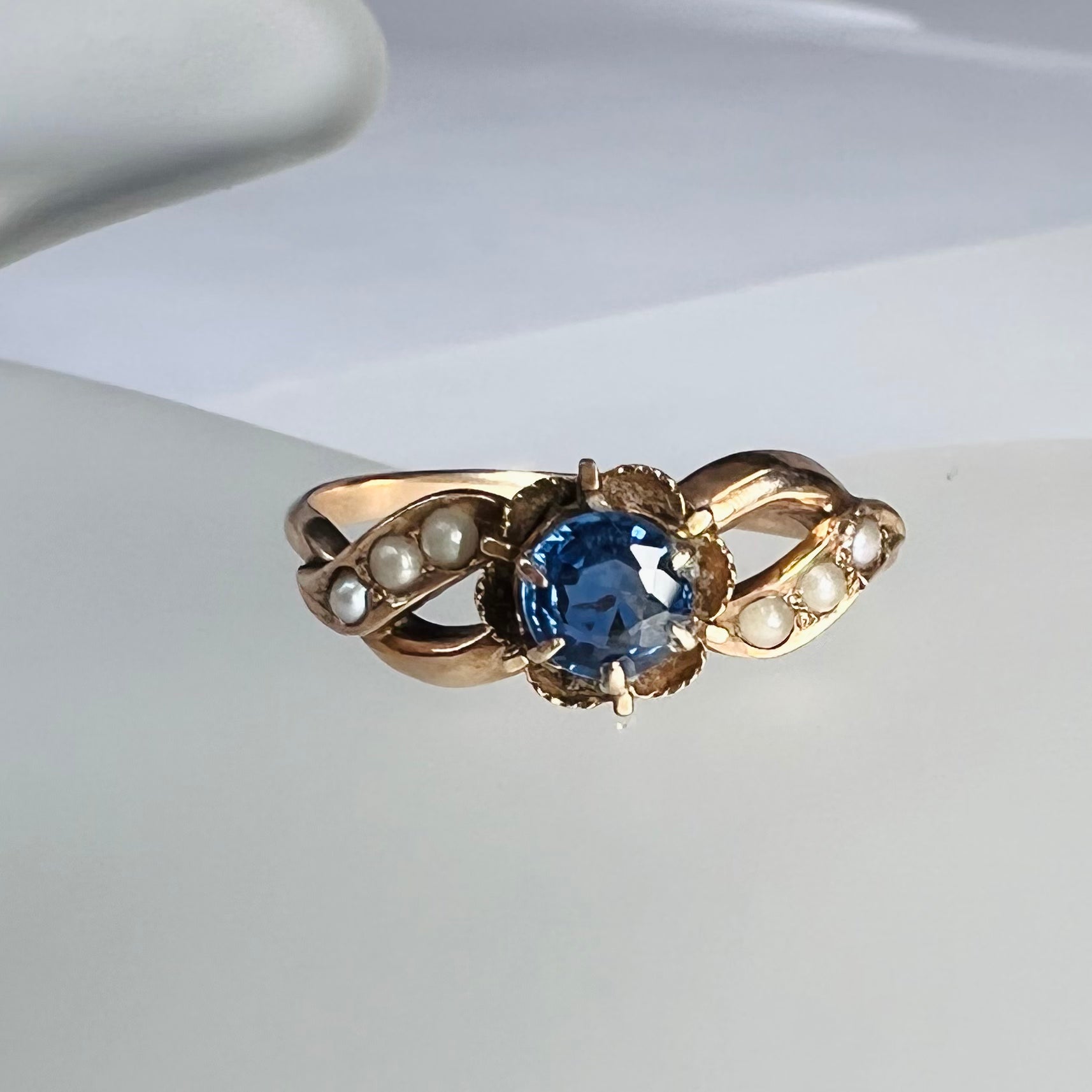 Antique 10K Rose Gold Sapphire and Pearl Ring Size 6.5