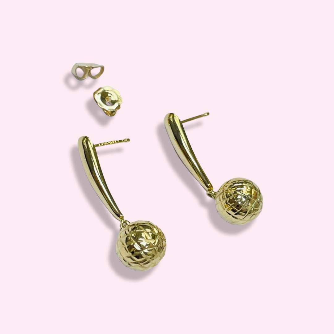 1” 10K Yellow Gold Dangling Ball Drop Earrings