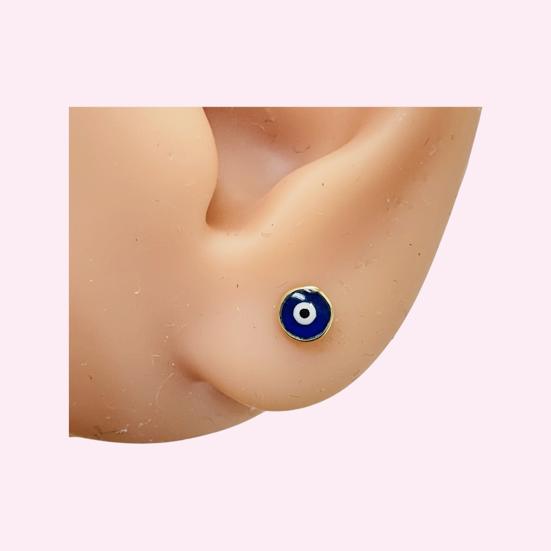 10K Yellow Gold 5mm Blue Evil Eye Stud Earrings