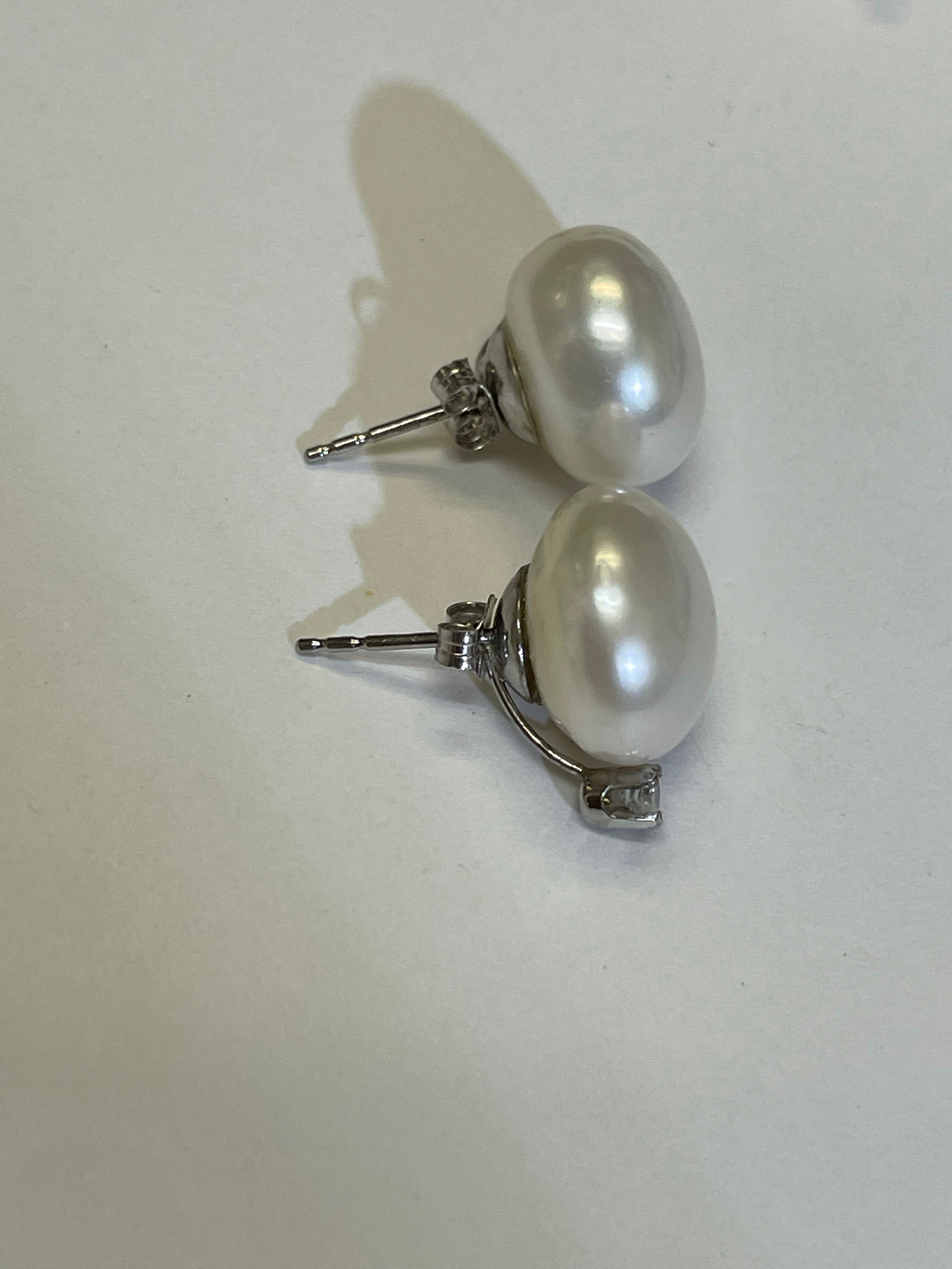 14mm Pearl and .16CT Diamond 14K White Gold Stud Earrings