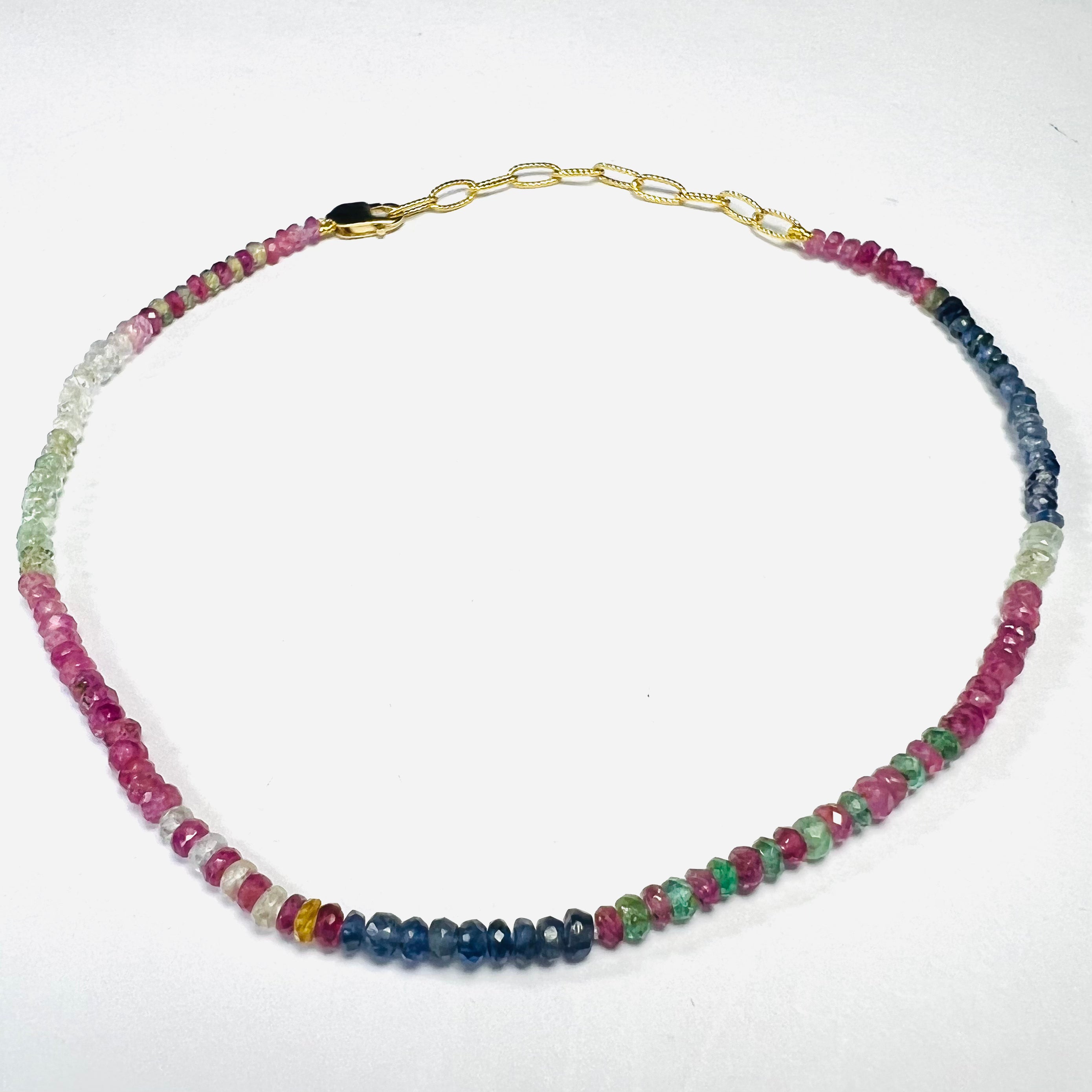 14K Yellow Gold Clasp Multi Color Sapphire Beaded Anklet 8.5"-10"