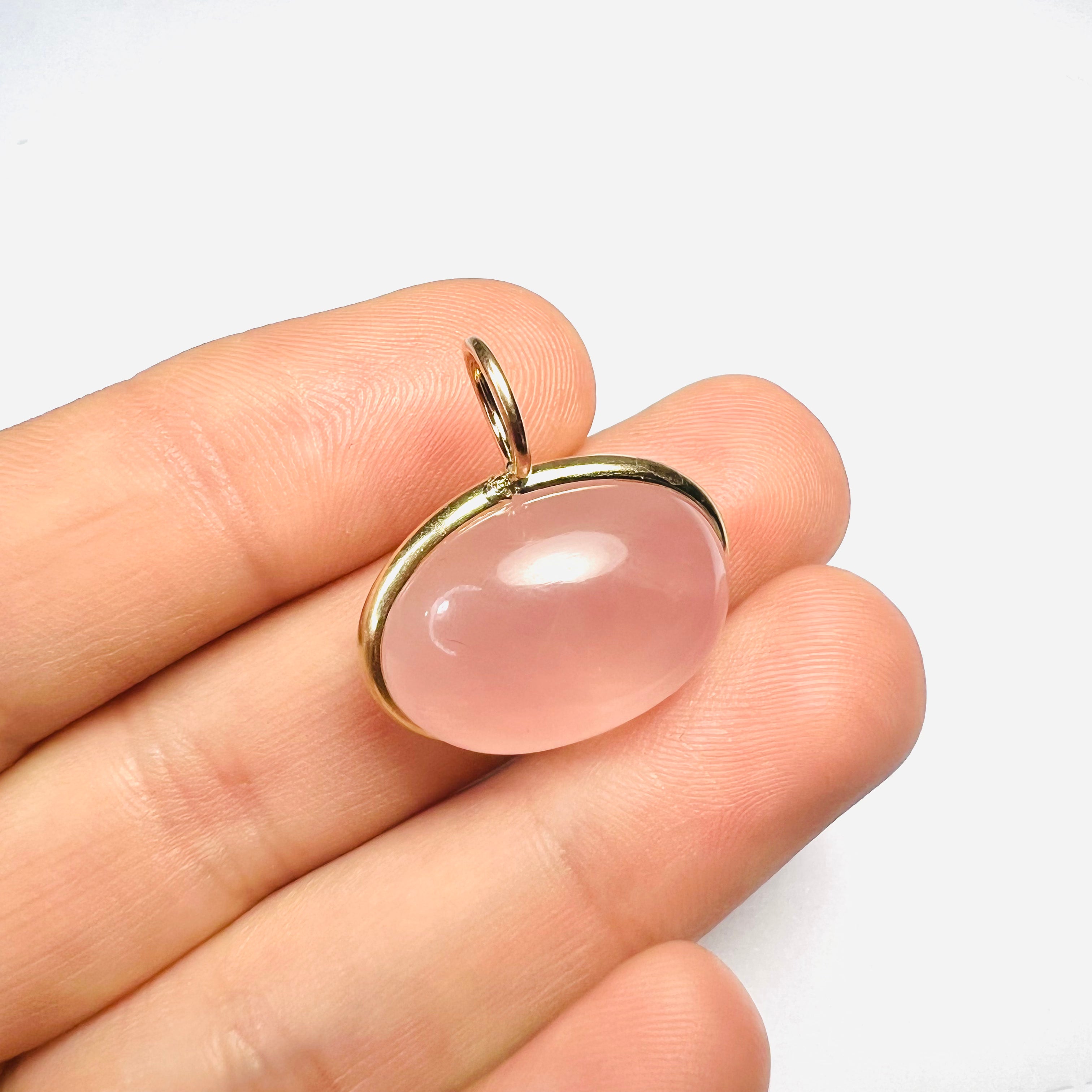 26.5CT Natural Cabochon Rose Quartz 14K Yellow Gold Pendant Charm 25x23mm