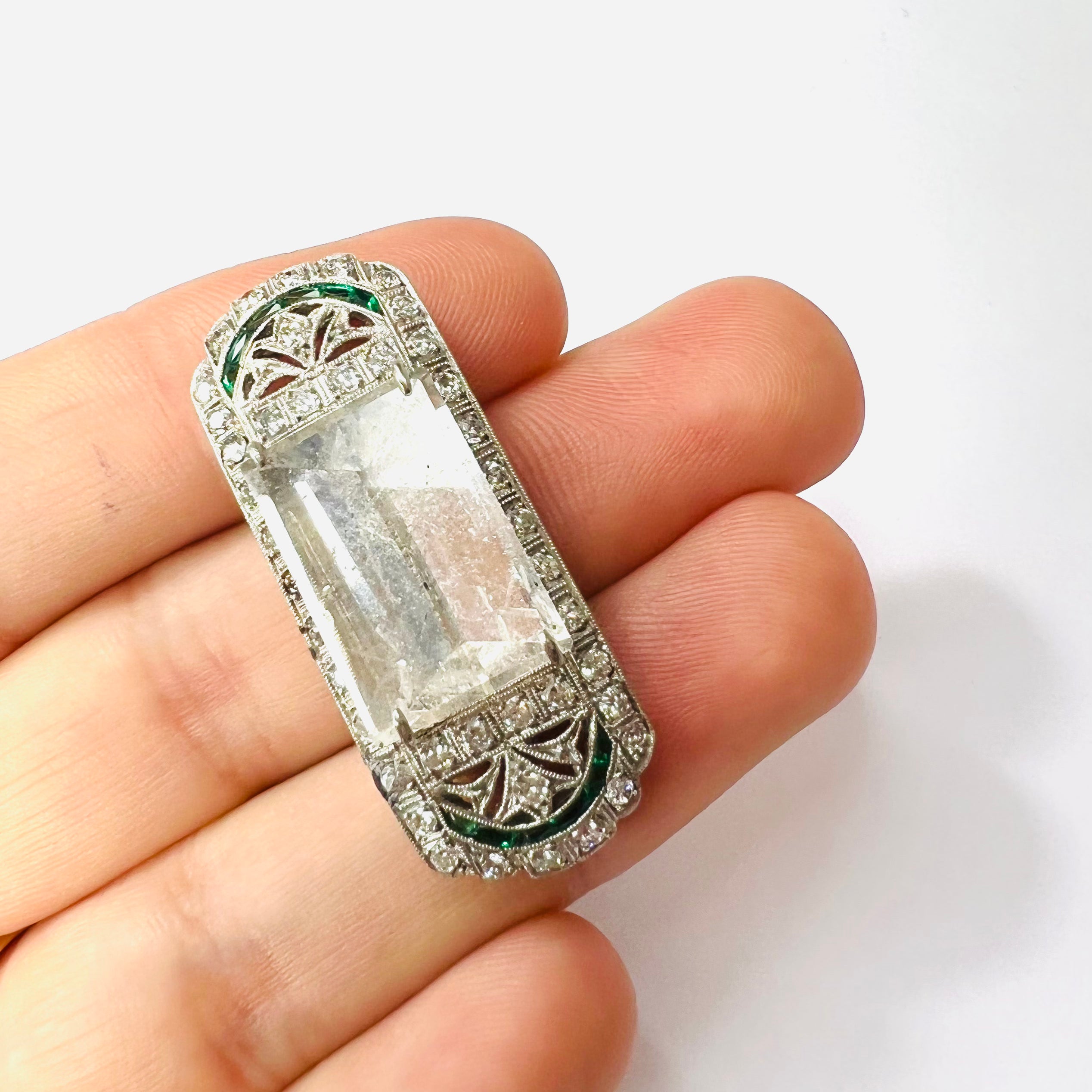 Art Deco Watch Face Convert Platinum Emerald Diamond and Morganite Pendant