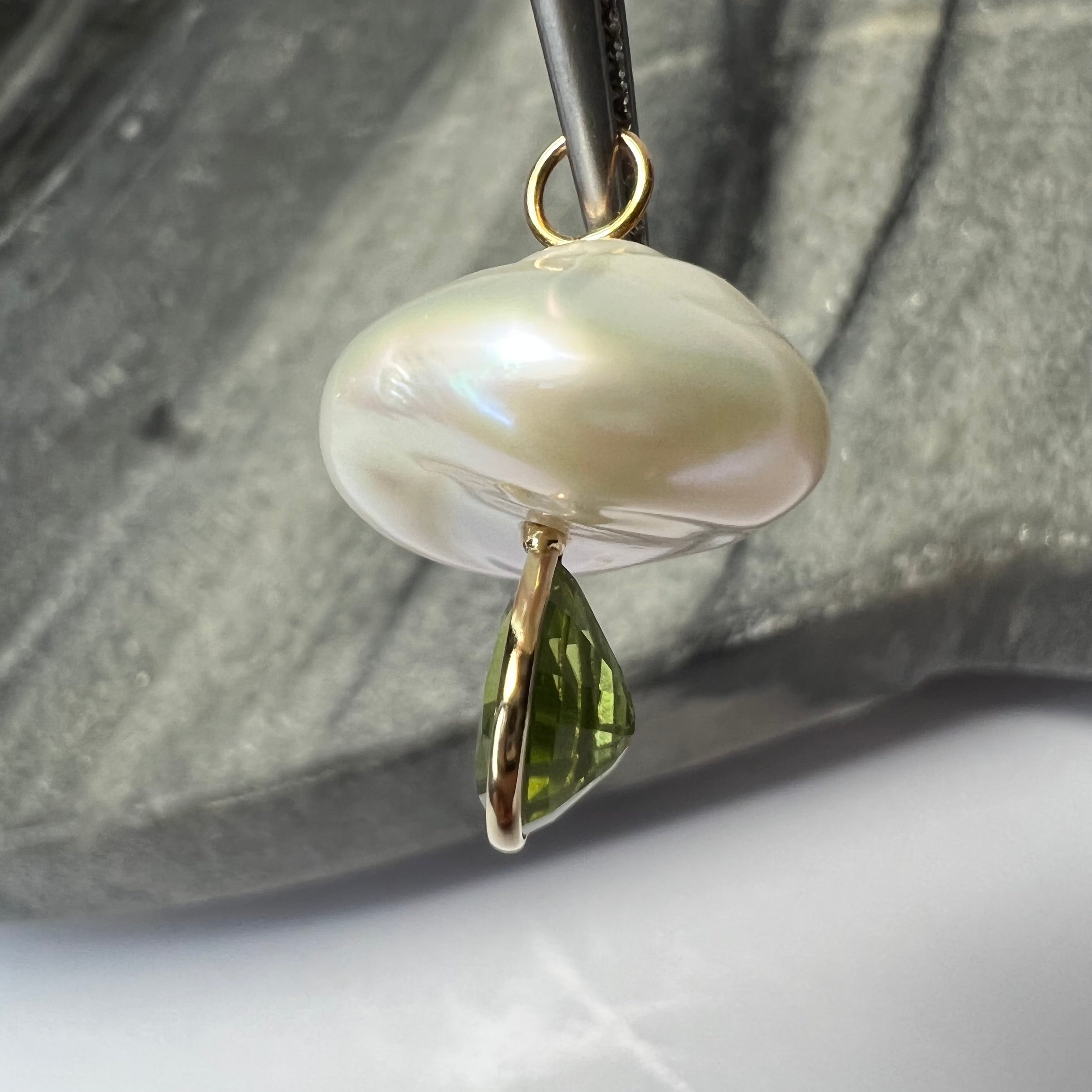 Natural Green Pear Tourmaline and Pearl Mushroom 14K Yellow Gold Pendant Charm 23x16mm