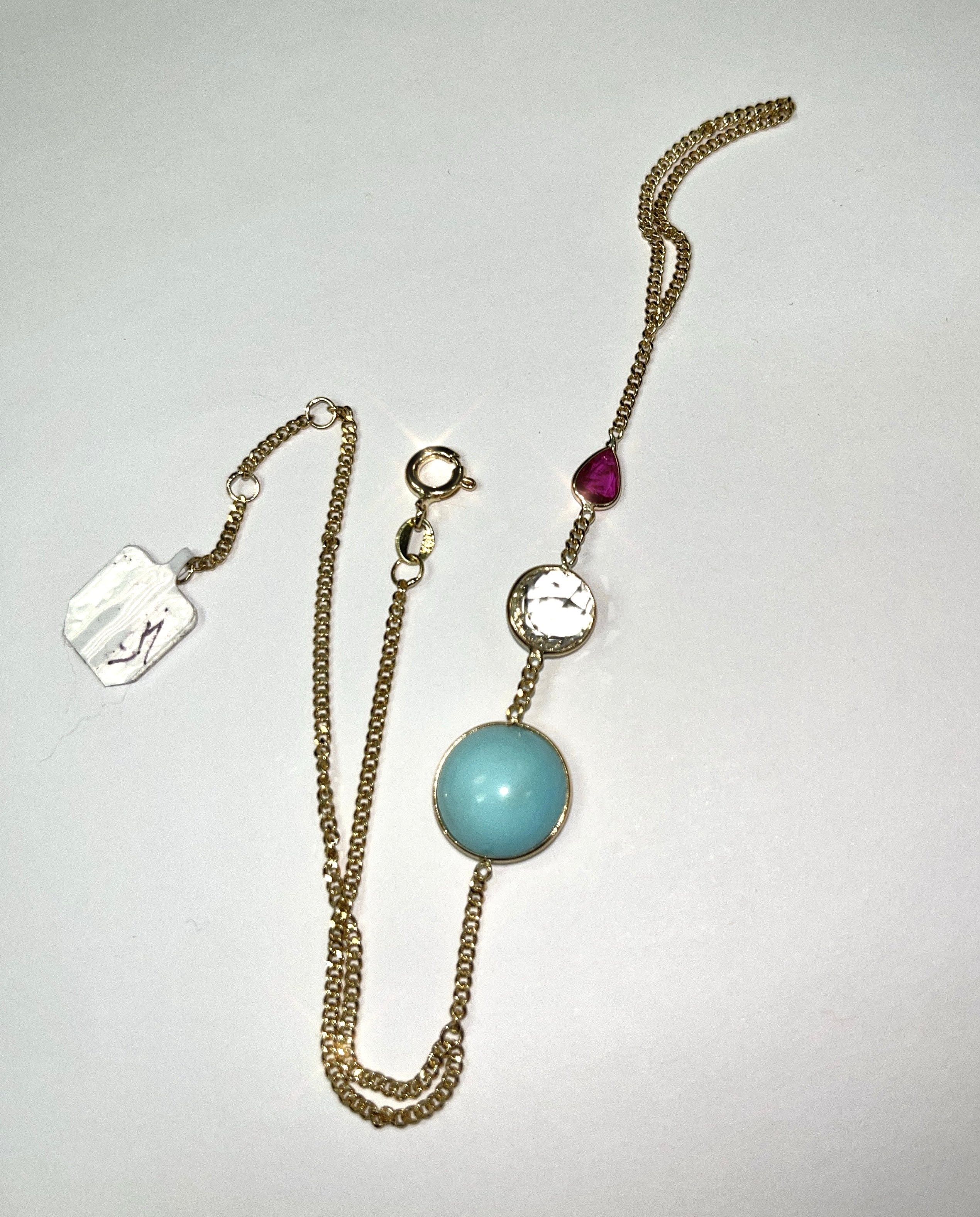 Turquoise Green Amethyst and Ruby Solid 14K Yellow Gold Hand Chain