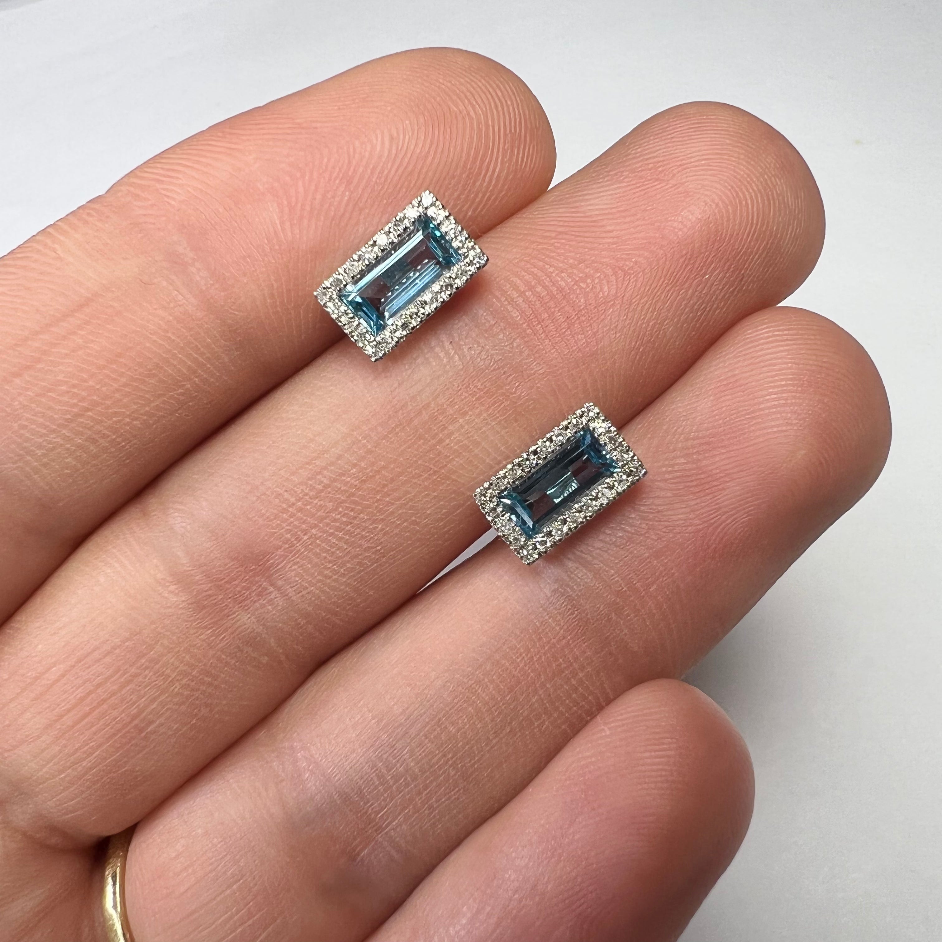 14K White Gold Diamond & Topaz Baguette Earring Studs 9x5mm