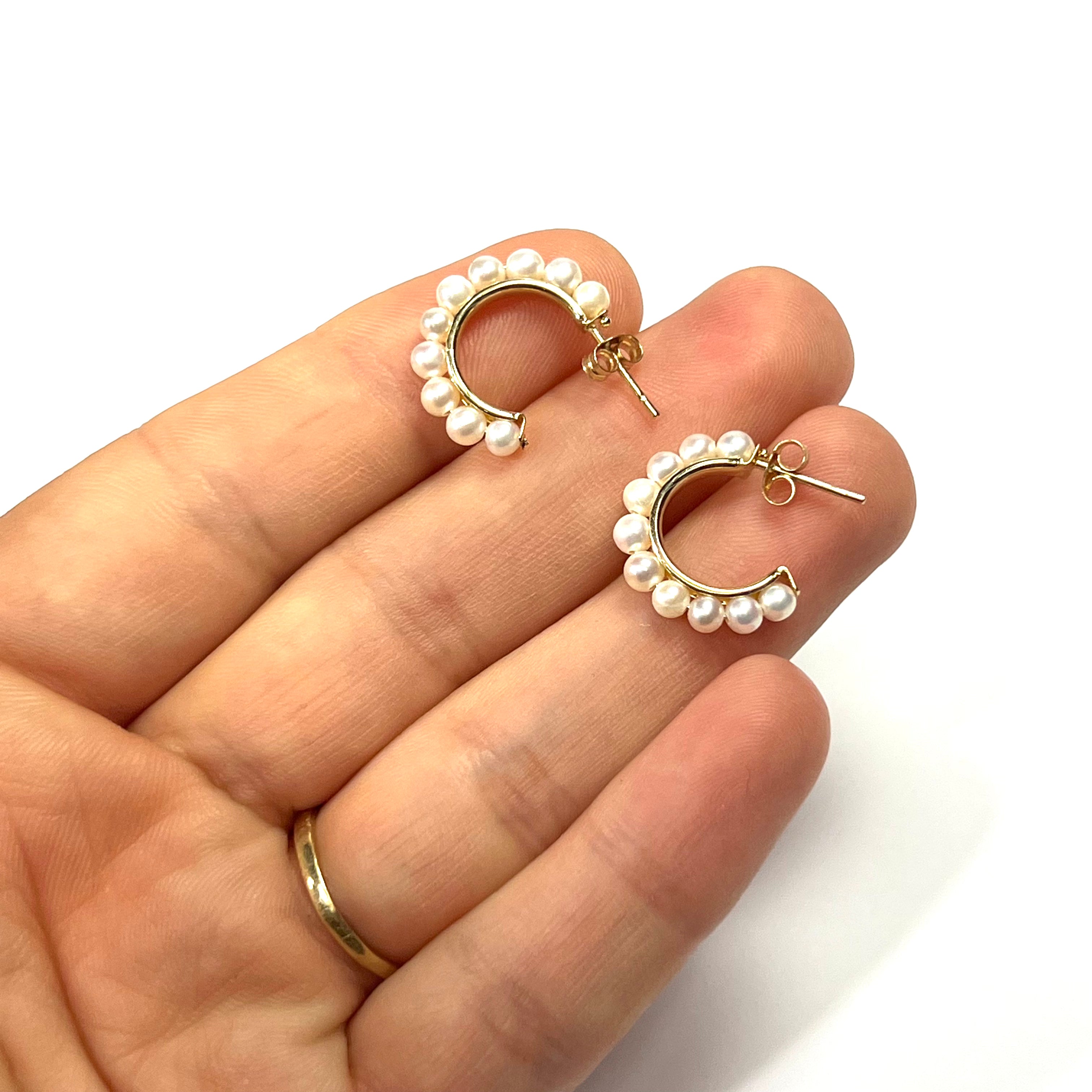 14K Yellow Gold Pearl Half Hoop Earring Studs .70"