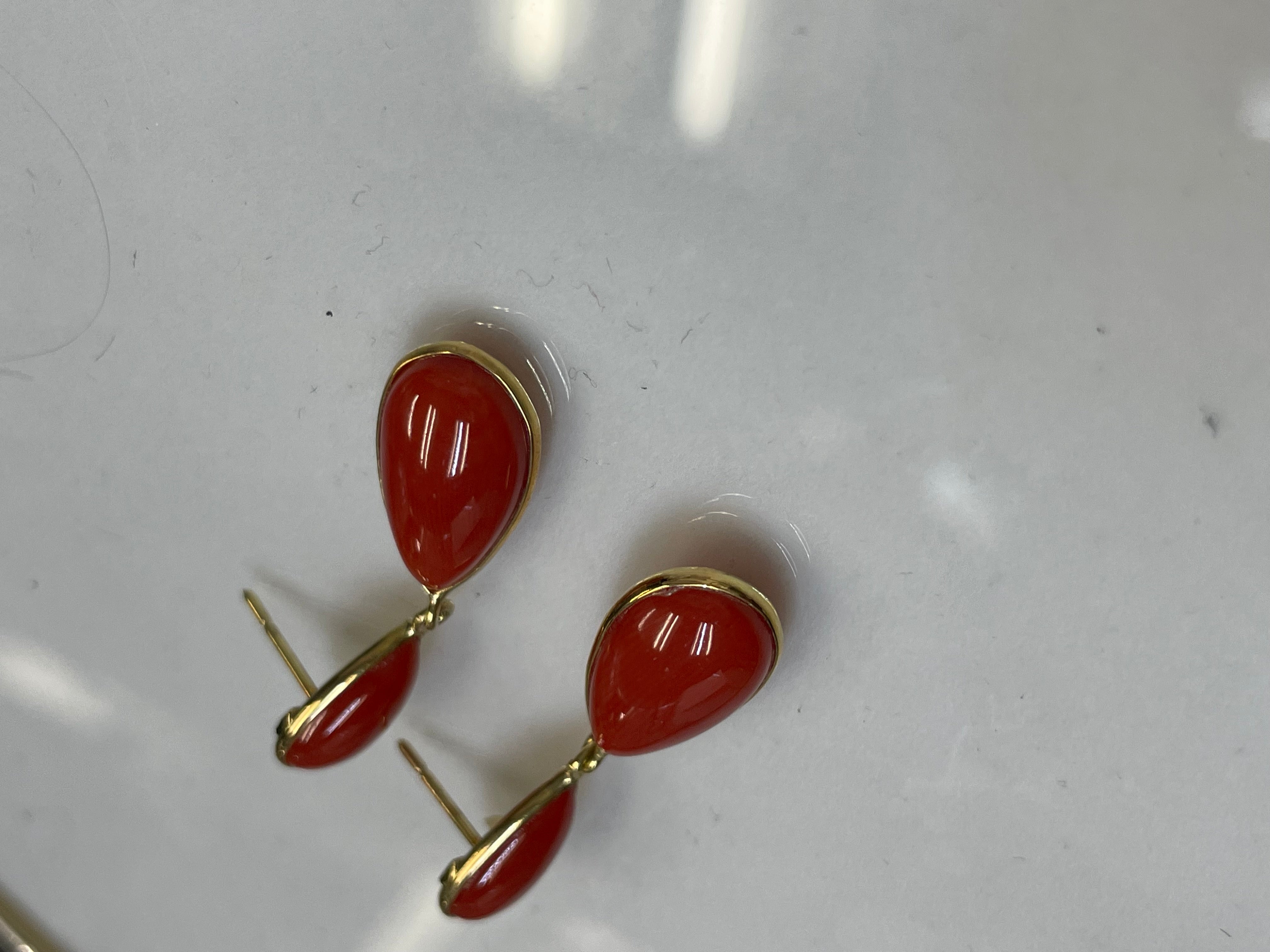 Natural Untreated Red Coral Drop Earrings 18K Yellow Gold