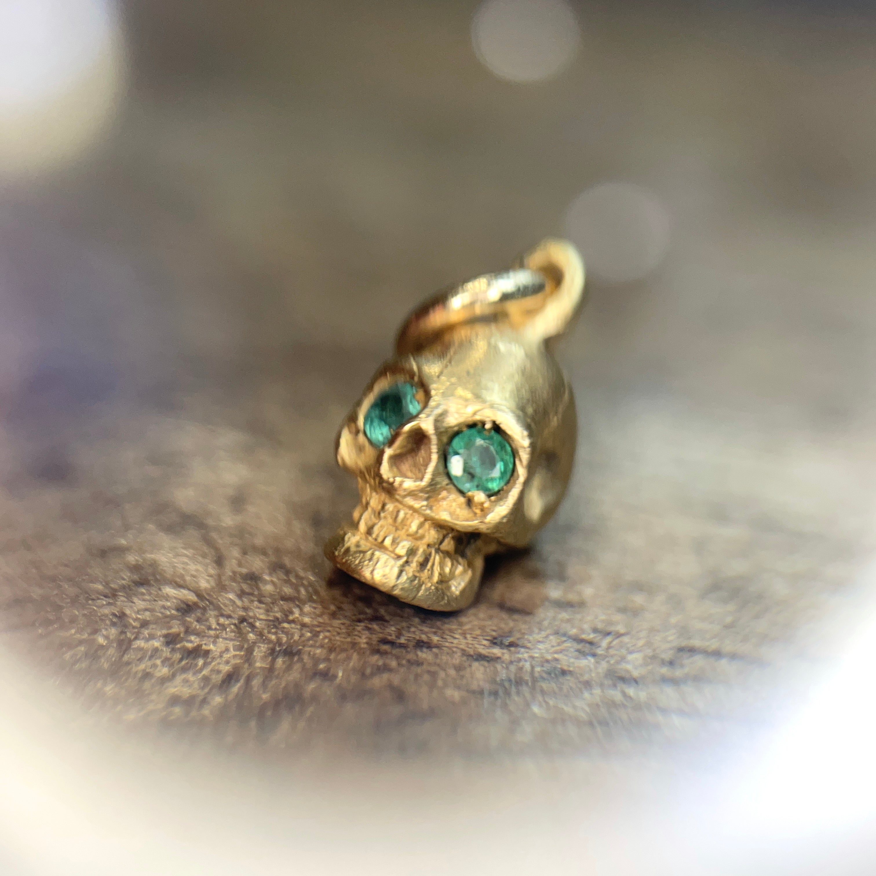 Solid 18K Small Emerald Skull Charm