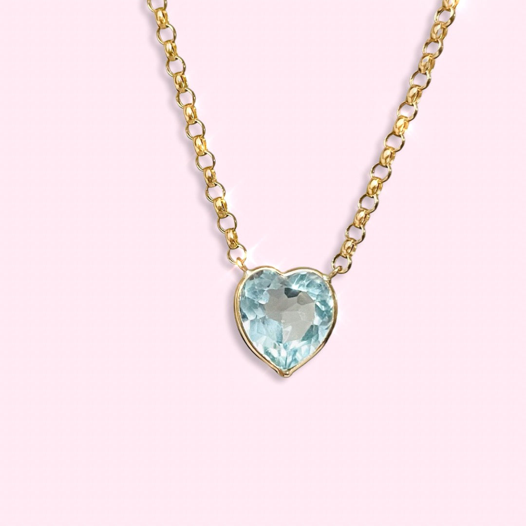 Blue Topaz Heart 14K Yellow Gold Necklace 18”