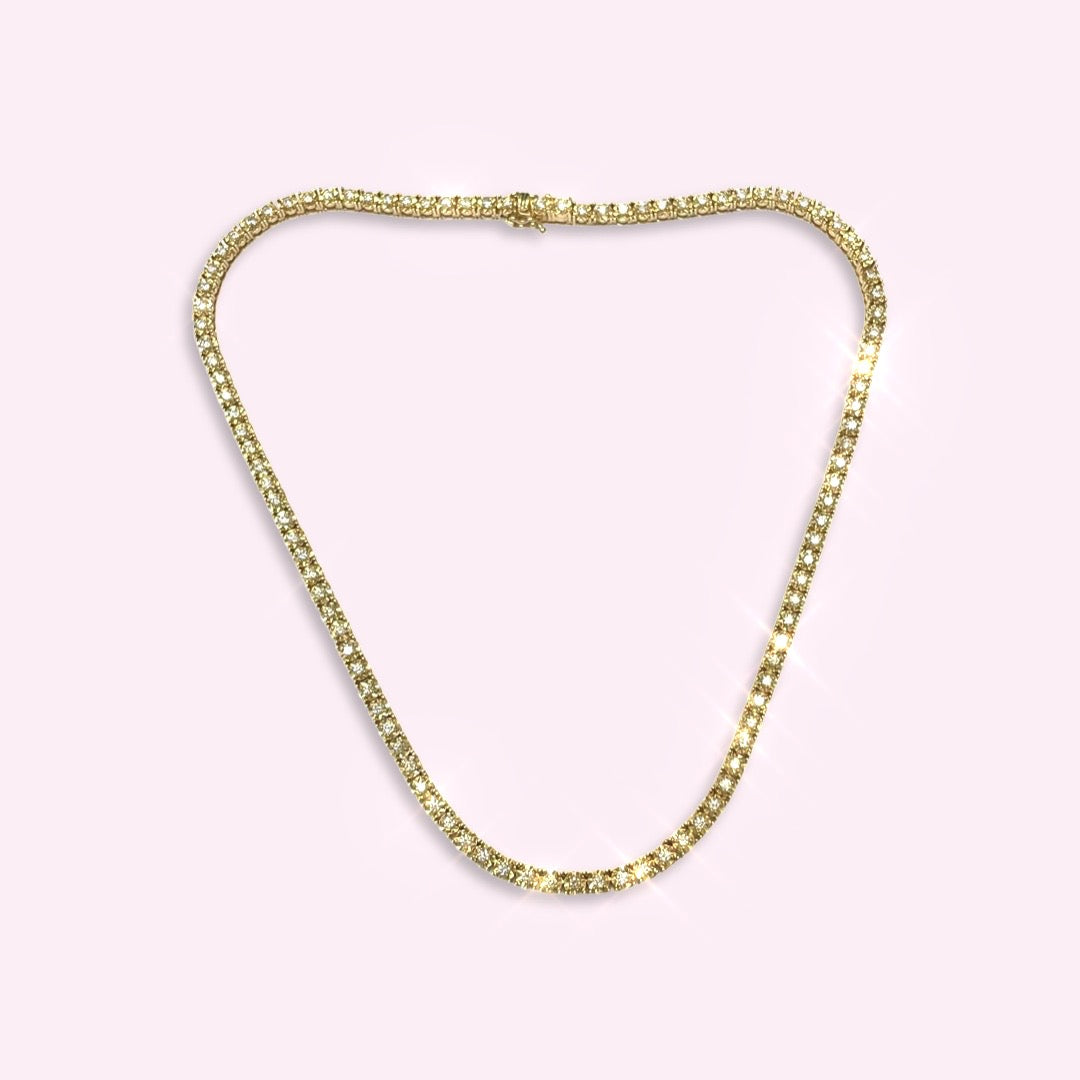 Big Look 3CT Diamond 14K Yellow Gold Tennis Necklace 15”