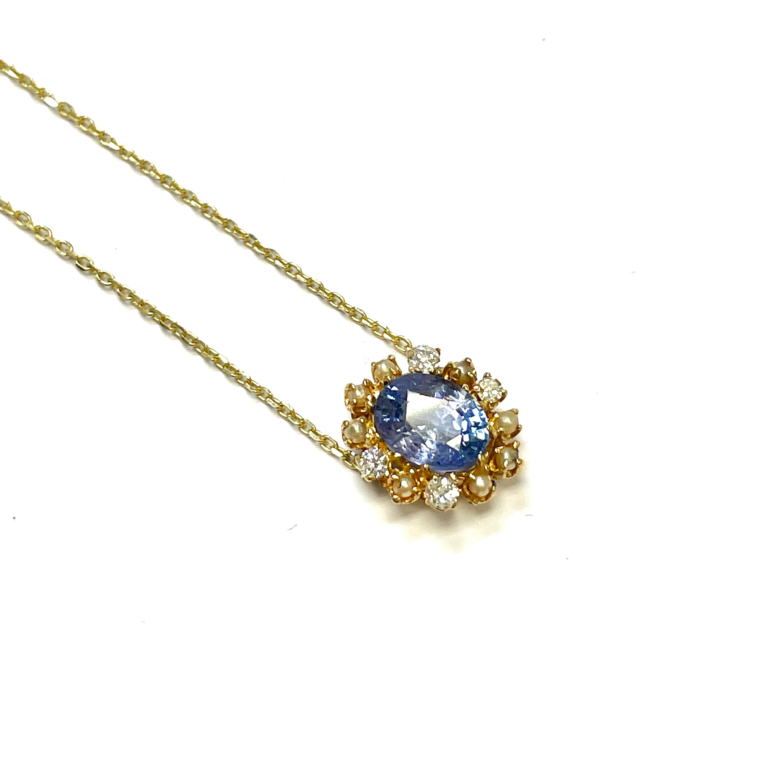 Floral Sapphire with Pearls and OMC Diamonds 14k Yellow Gold Necklace