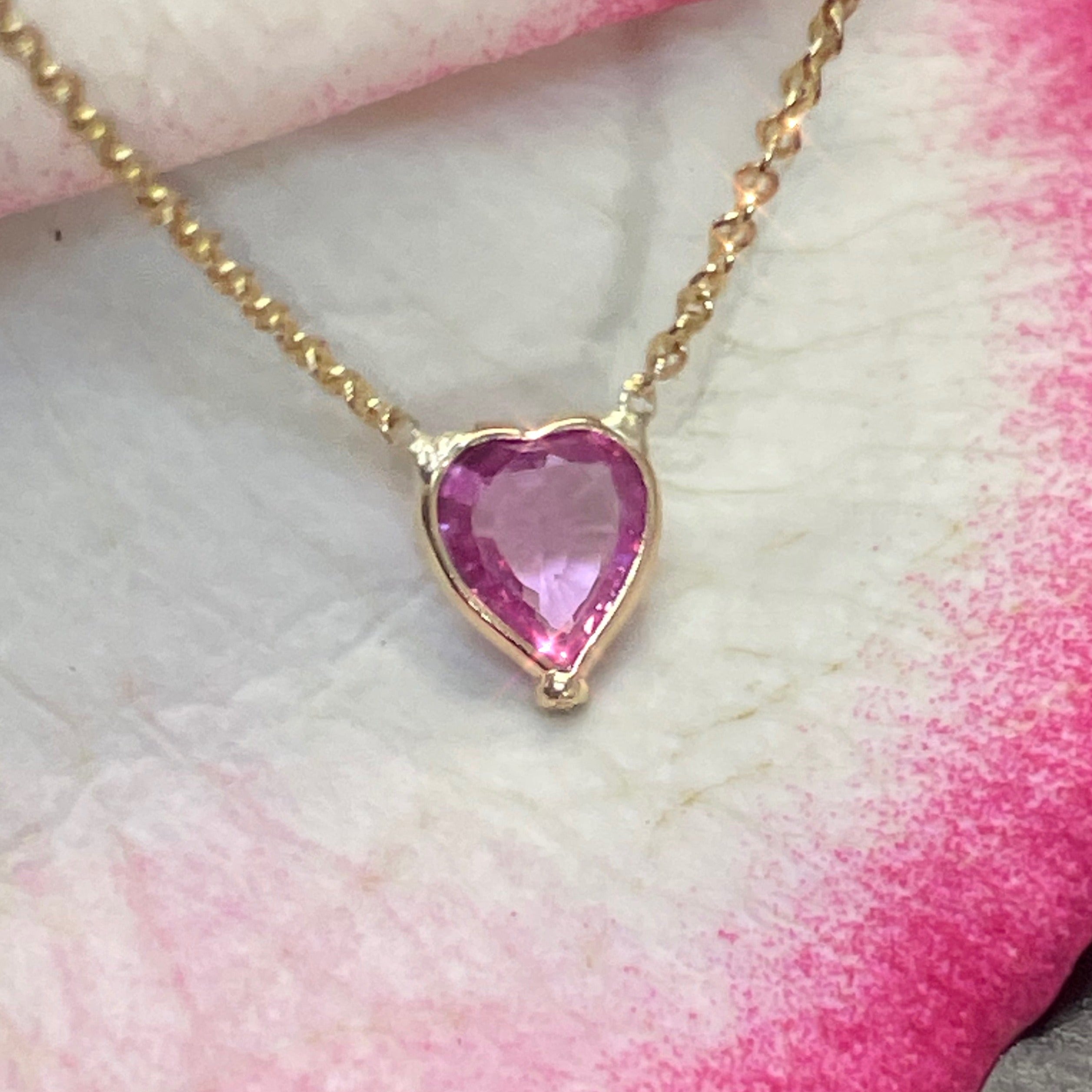 Natural Pink Sapphire Heart 14K Yellow Gold Necklace 16-18"