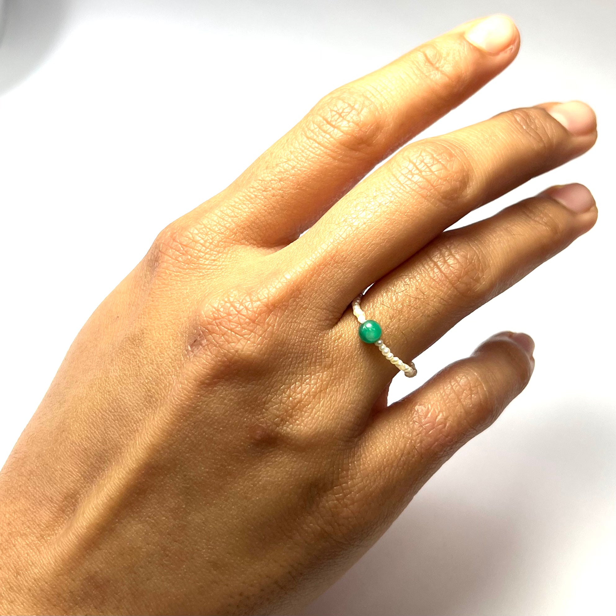 Natural Seed Pearl Eternity Colombian Emerald Ring Size 7