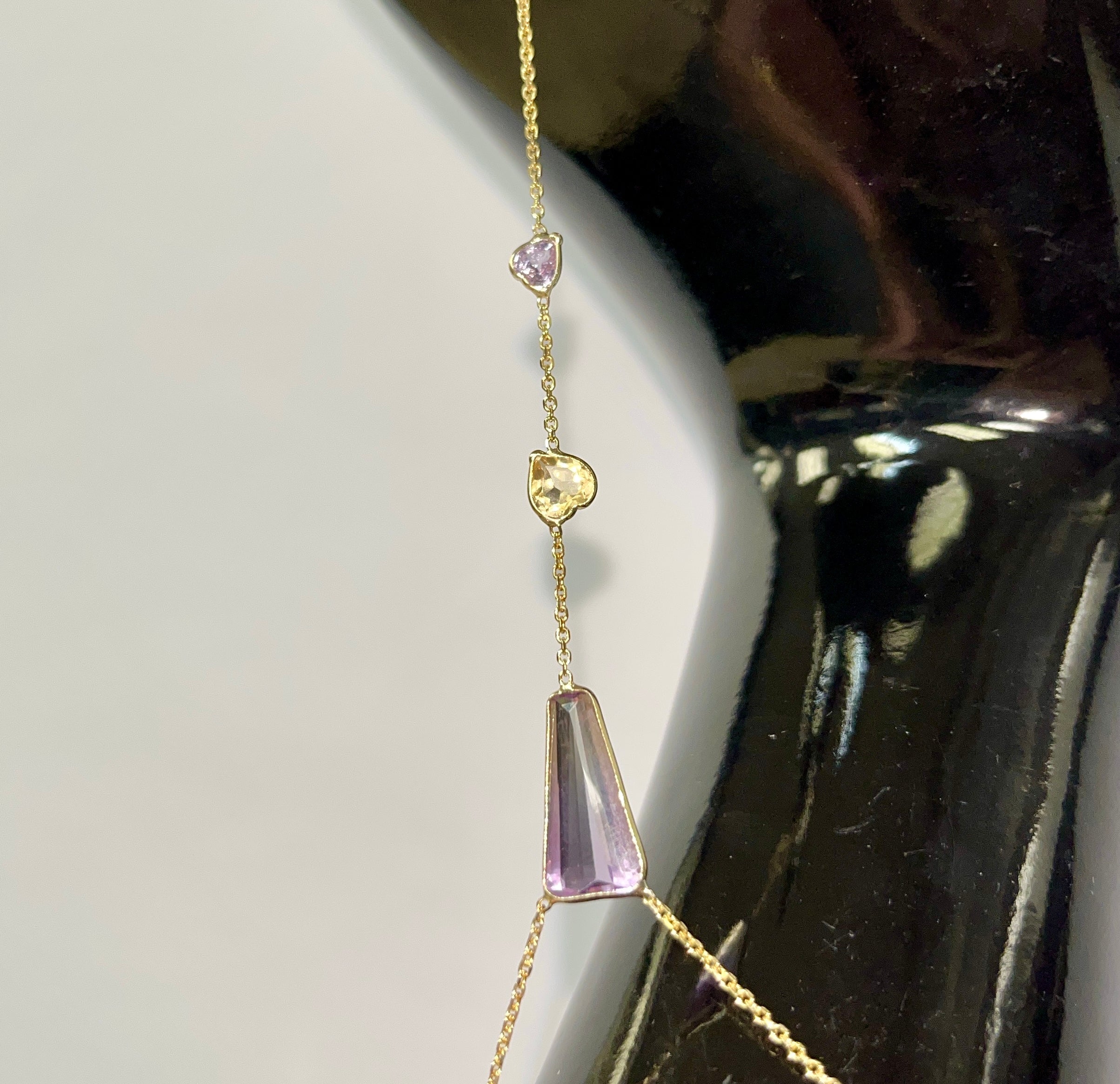 Ametrine Citrine Sapphire Pastel Hand Chain Solid 14k Yellow Gold