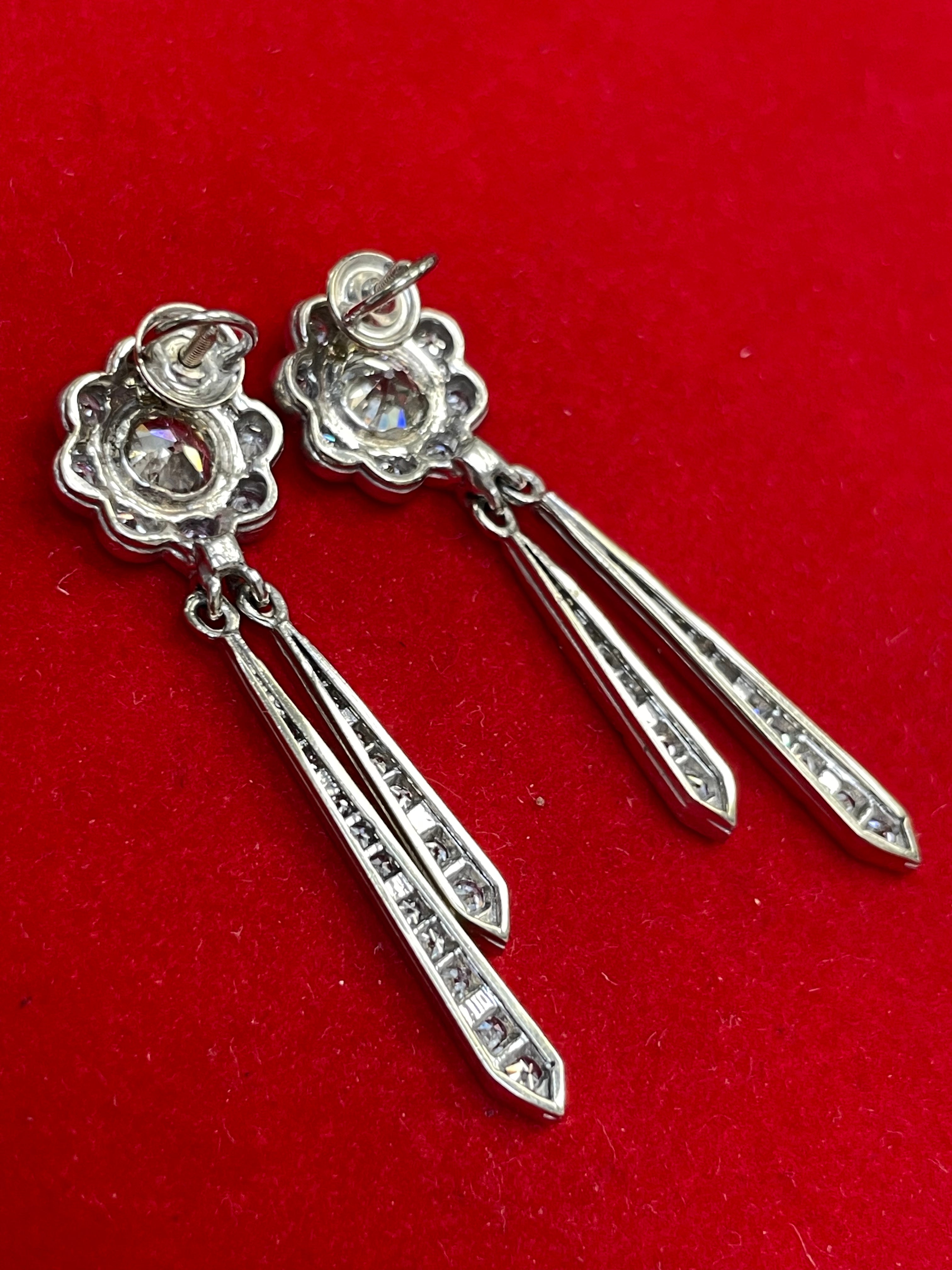 Art Deco 3.37CT Old Mine Cut Diamond Platinum Drop Earrings