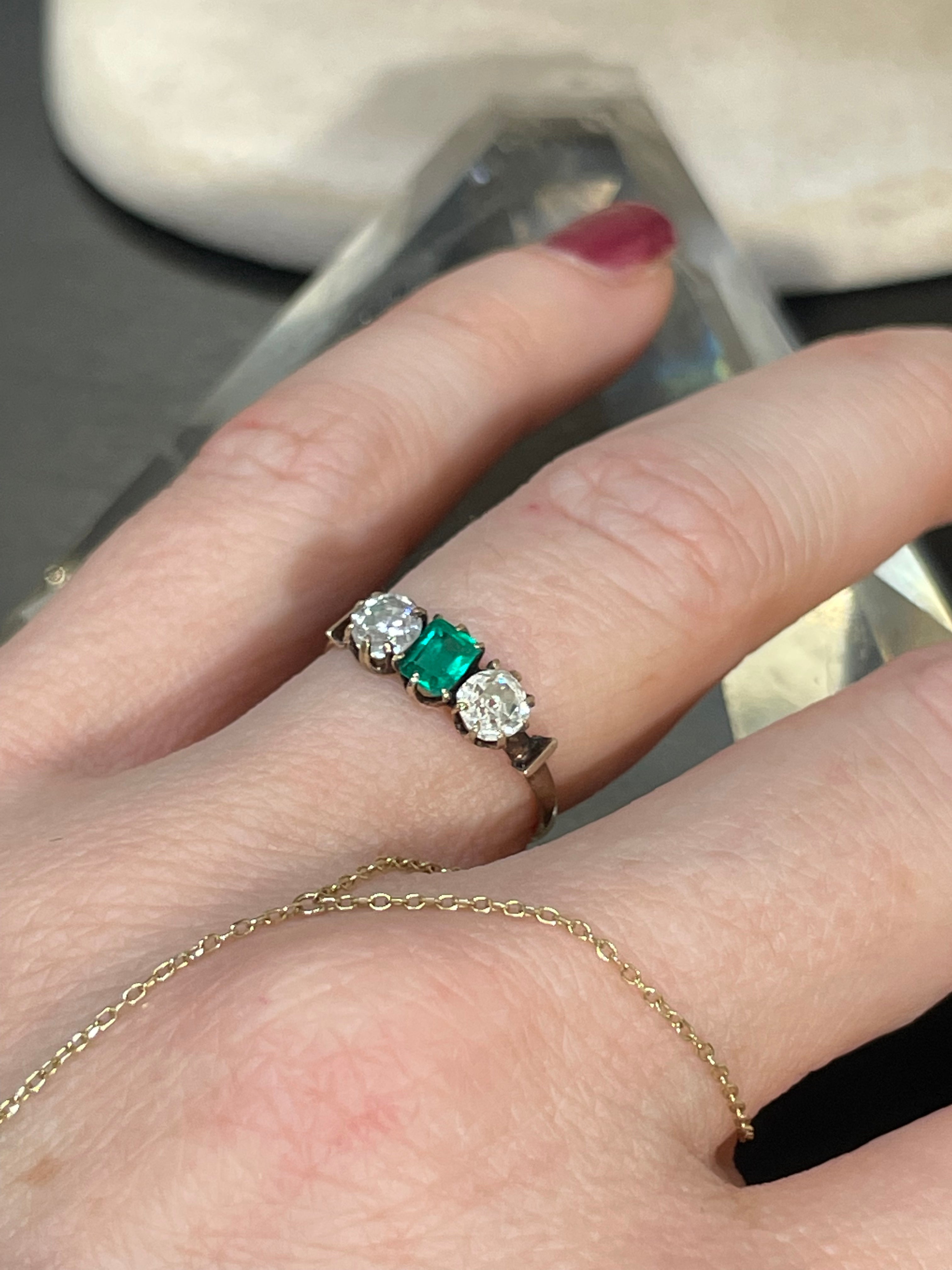 Antique Victorian Otsby Barton 10K Old Mine Diamond Emerald Ring Size 4.25