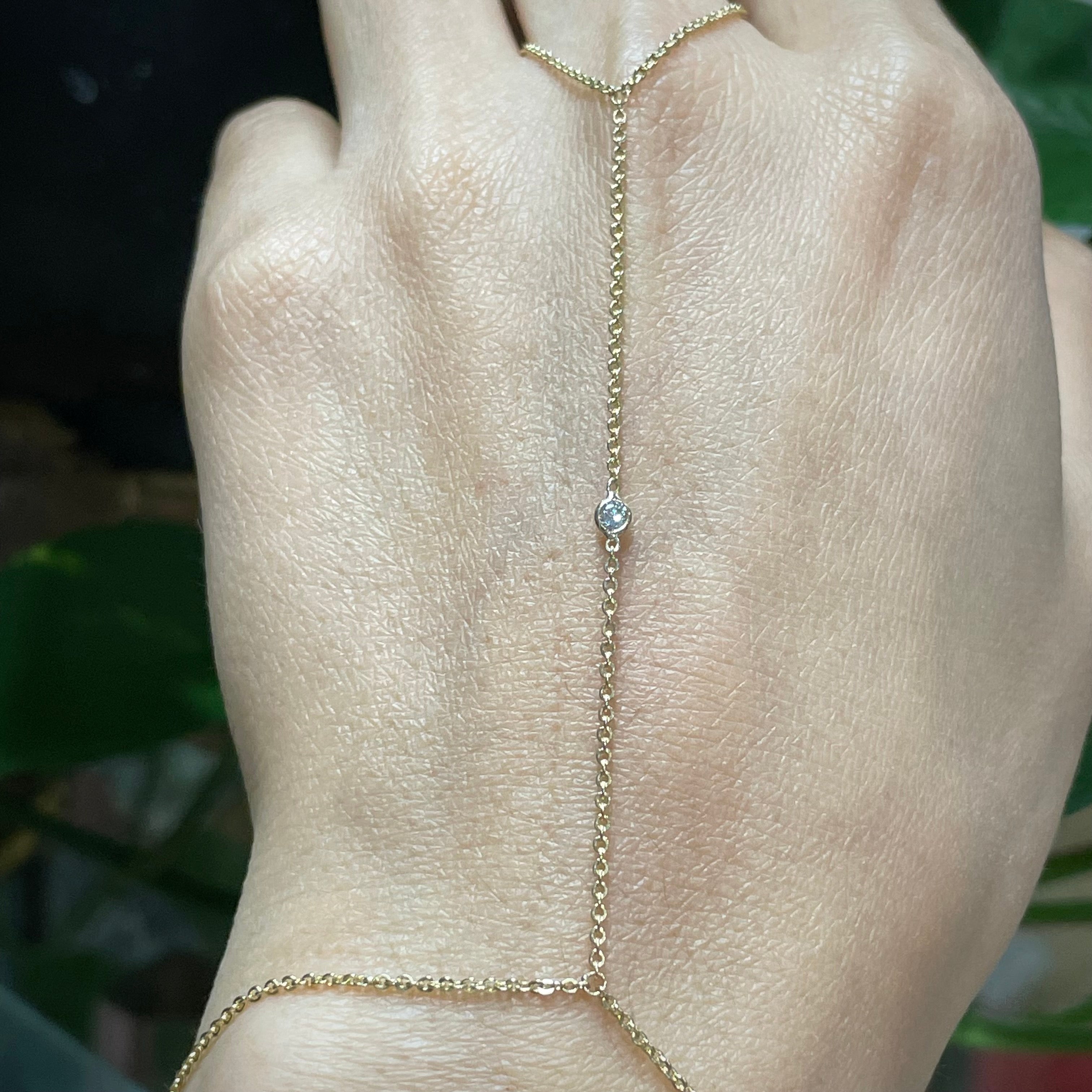 Single Round Diamond 14K Yellow Gold Hand Chain