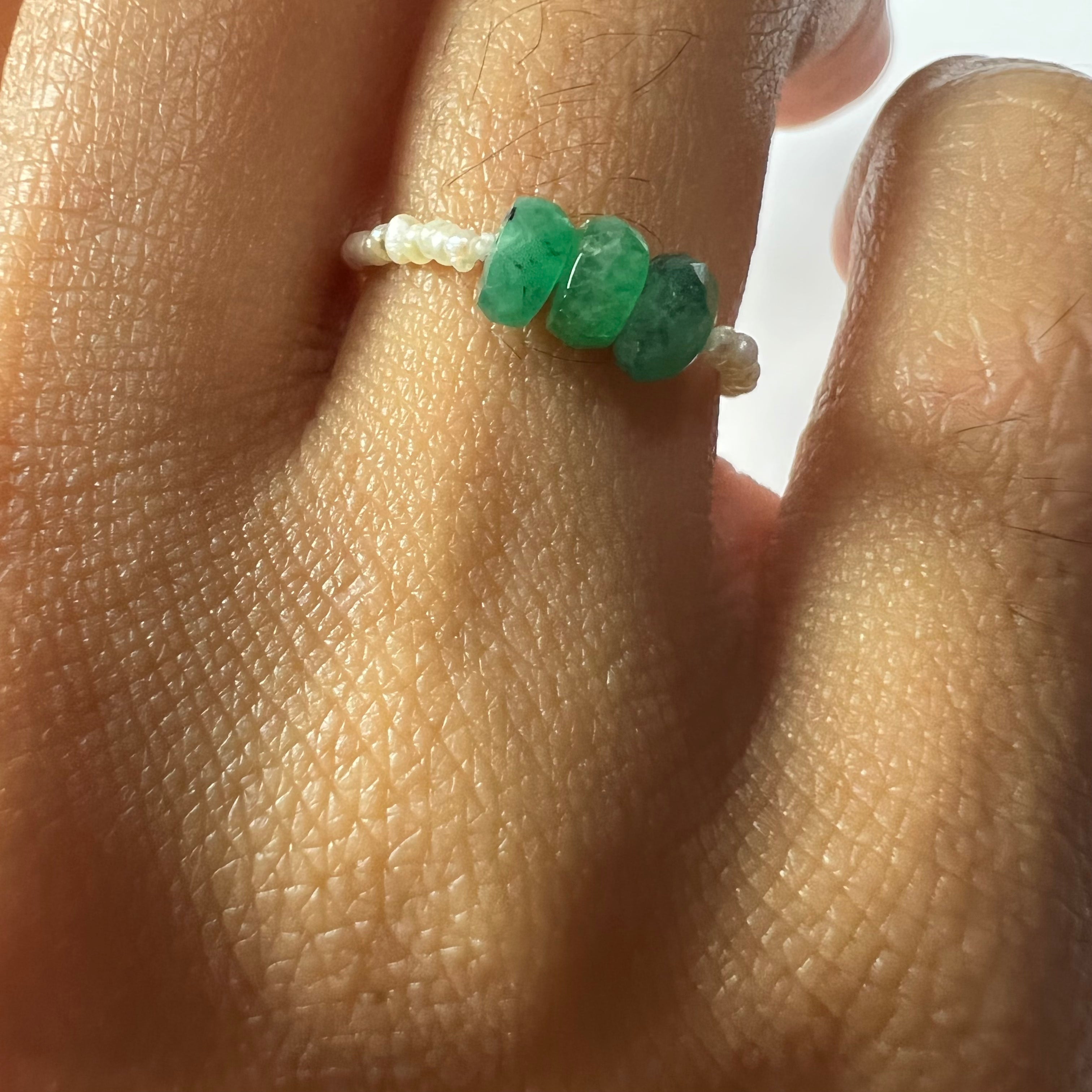 Natural Seed Pearl Eternity Rough Emerald Bead Ring Size 5
