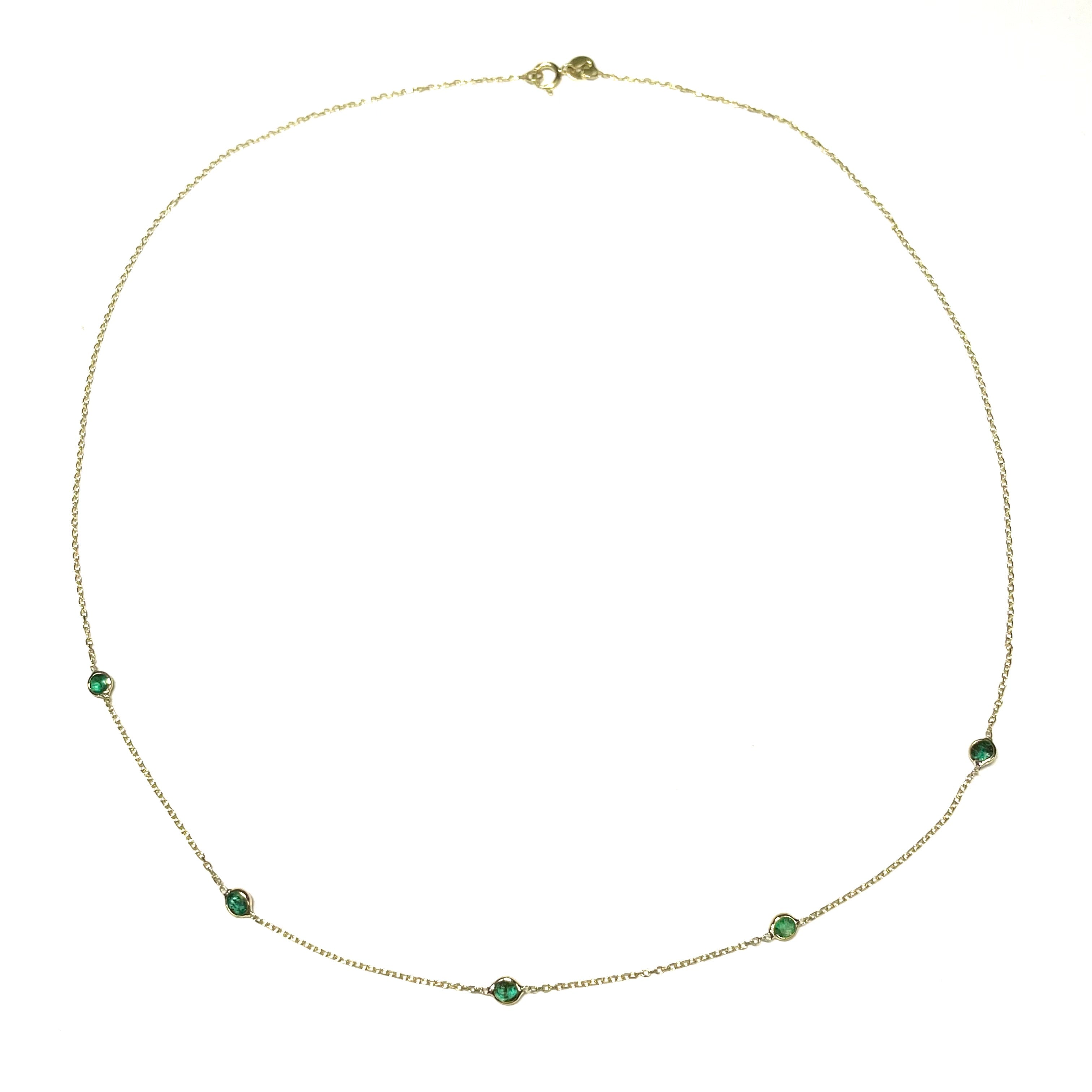 Five Round Emerald Necklace in Solid 14k Yellow Gold