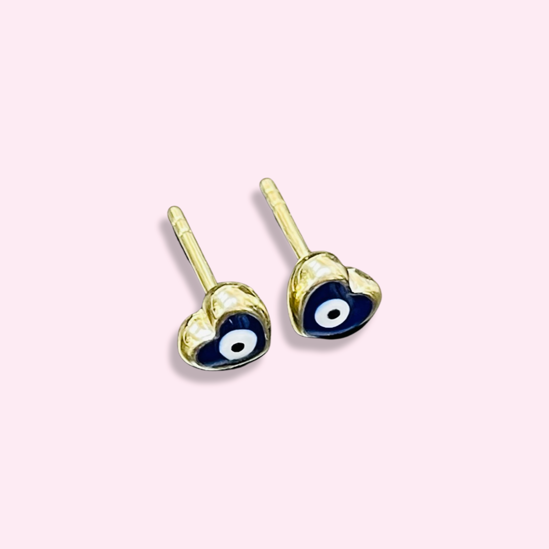 10K Yellow Gold 6x5mmHeart Blue Evil Eye Stud Earrings