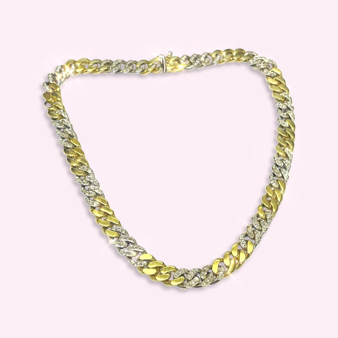 16" 10mm Solid 18K Yellow and White Two Tone Diamond Pave Cuban Curb Link Neckla