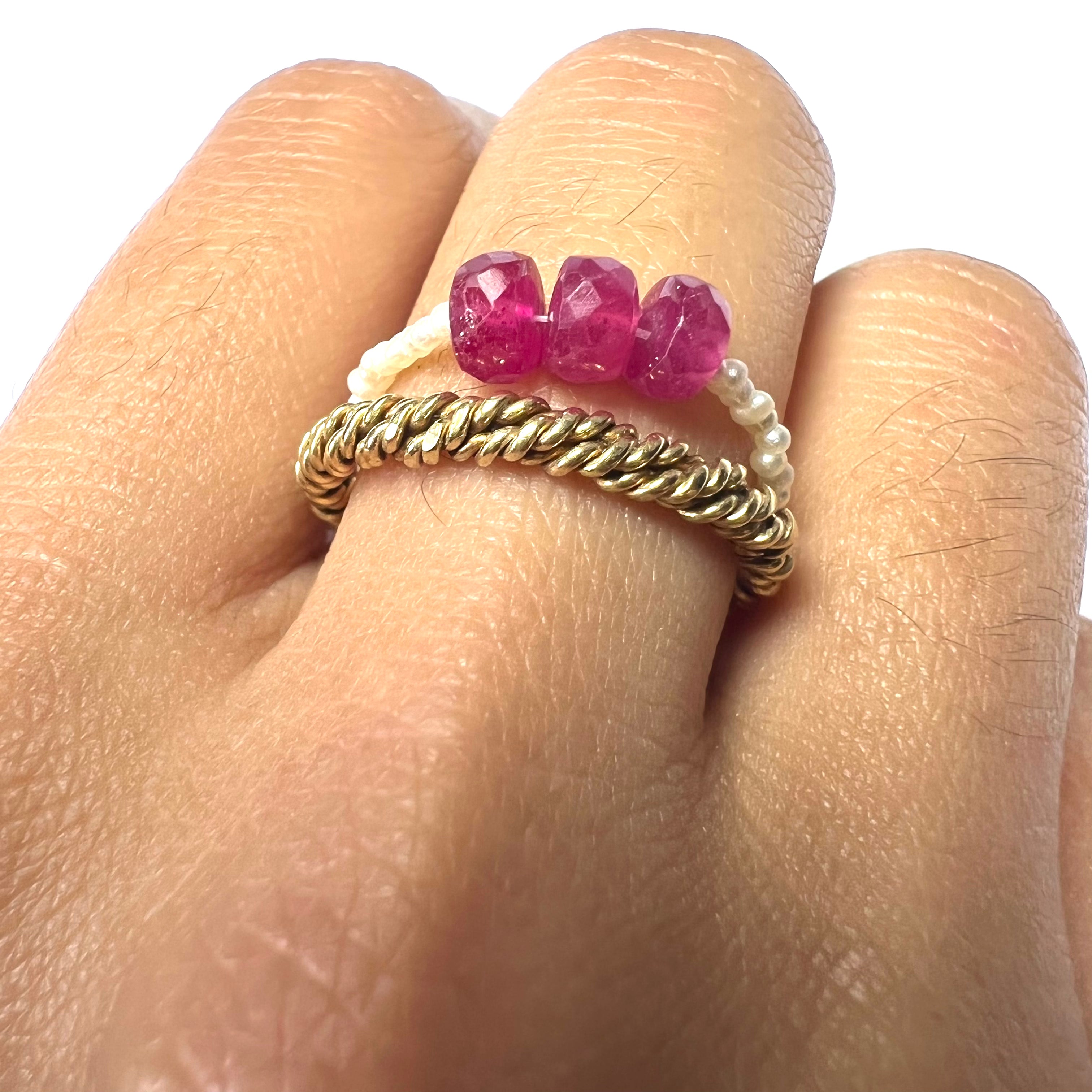 Natural Seed Pearl Eternity Rough Ruby Beaded Ring Size 6