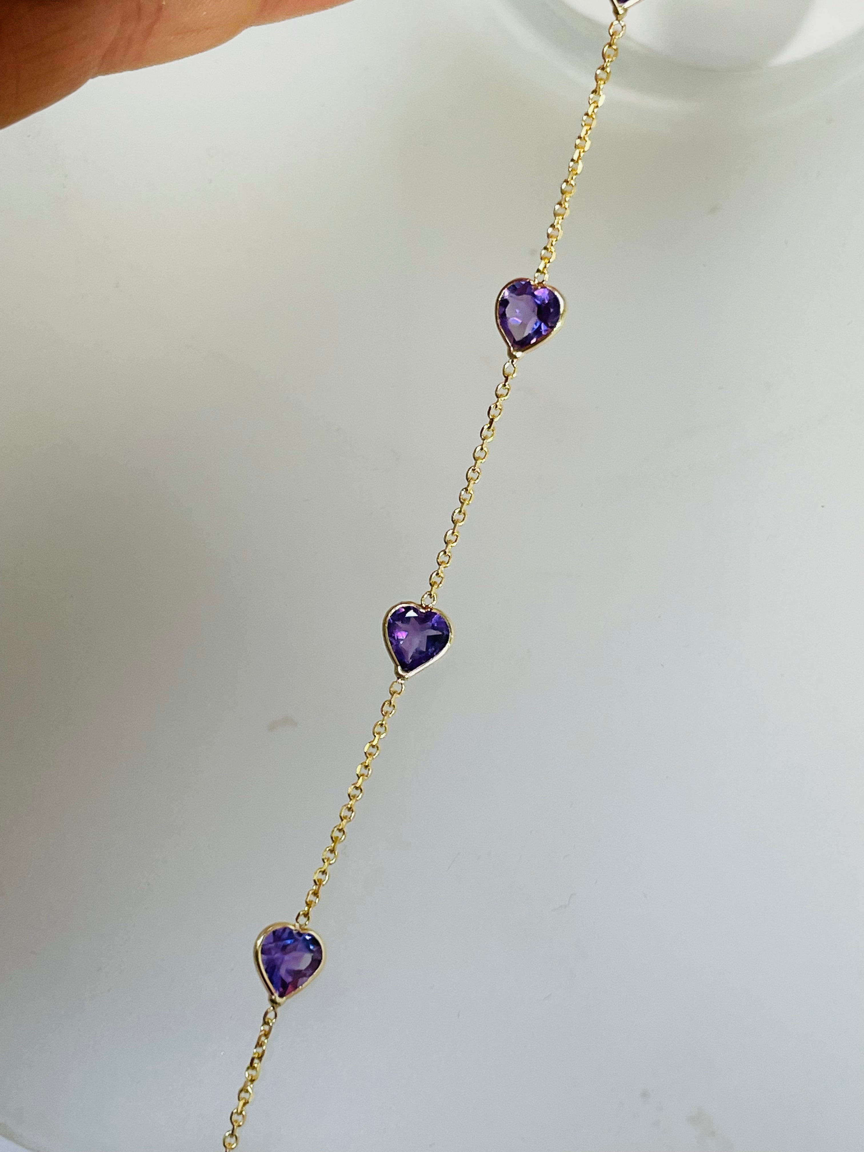 Natural Amethyst Sweet Heart Station Bracelet 14 Yellow Gold 6.25-6.75"